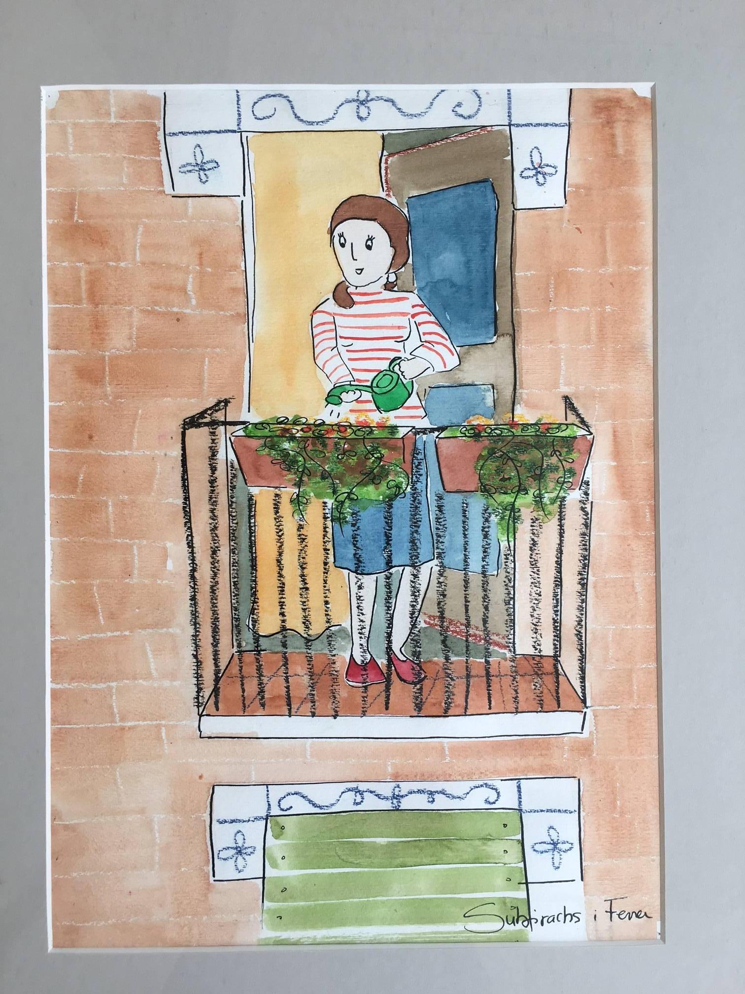 Subirachs  Naif. Balkony und Blumen Kinderarbeit. Original-Aquarellgemälde – Painting von Maria Jose Subirachs Ferre