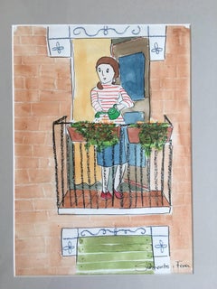 Subirachs  Naif. Balkony und Blumen Kinderarbeit. Original-Aquarellgemälde