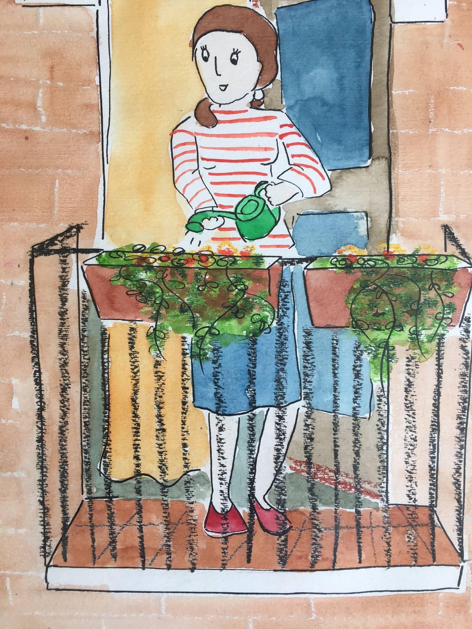 Subirachs  Naif. balcony and Flowers Child Work.original watercolor painting - Contemporary Painting by Maria Jose Subirachs Ferre