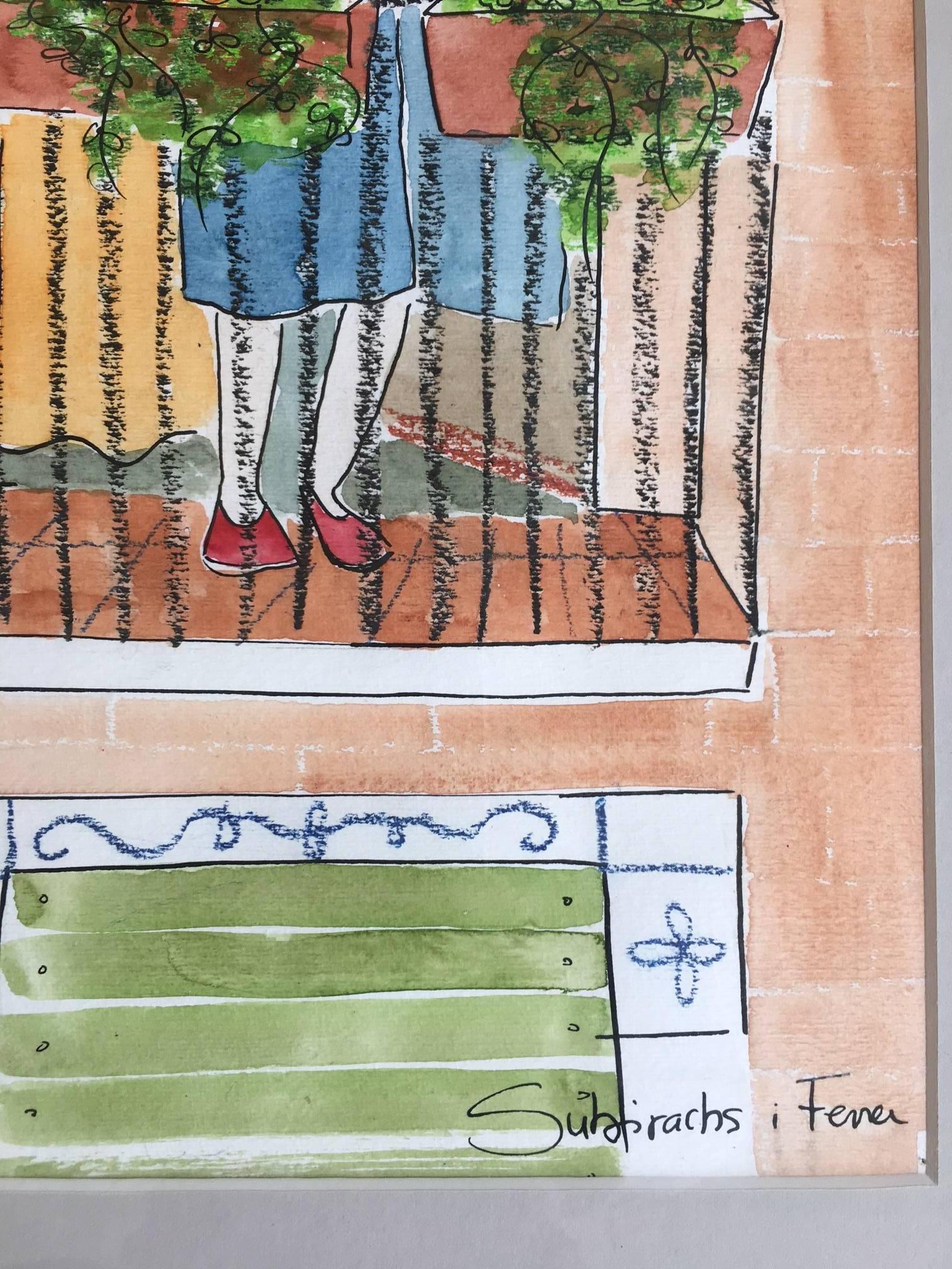 Subirachs  Naif. Balkony und Blumen Kinderarbeit. Original-Aquarellgemälde (Beige), Figurative Painting, von Maria Jose Subirachs Ferre