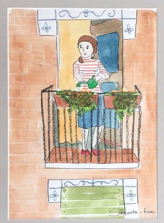 Vintage Subirachs  Naif. balcony and Flowers Child Work.original watercolor painting