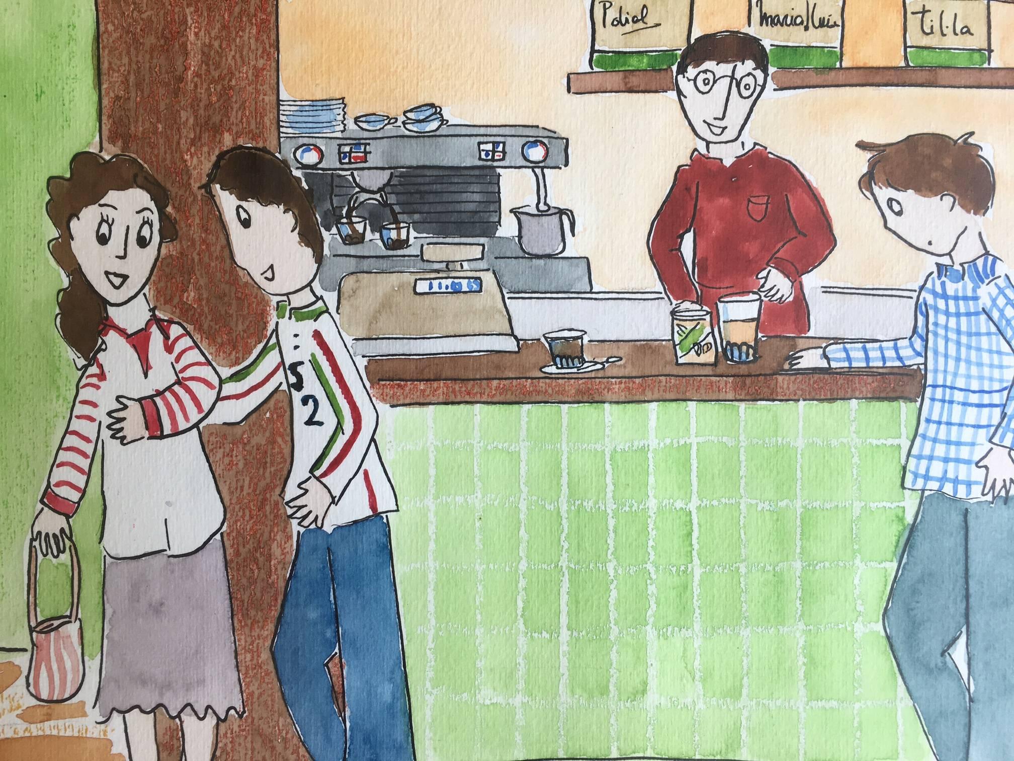 Subirachs   Naif  Café  Original-Aquarellgemälde. – Painting von Maria Jose Subirachs Ferre
