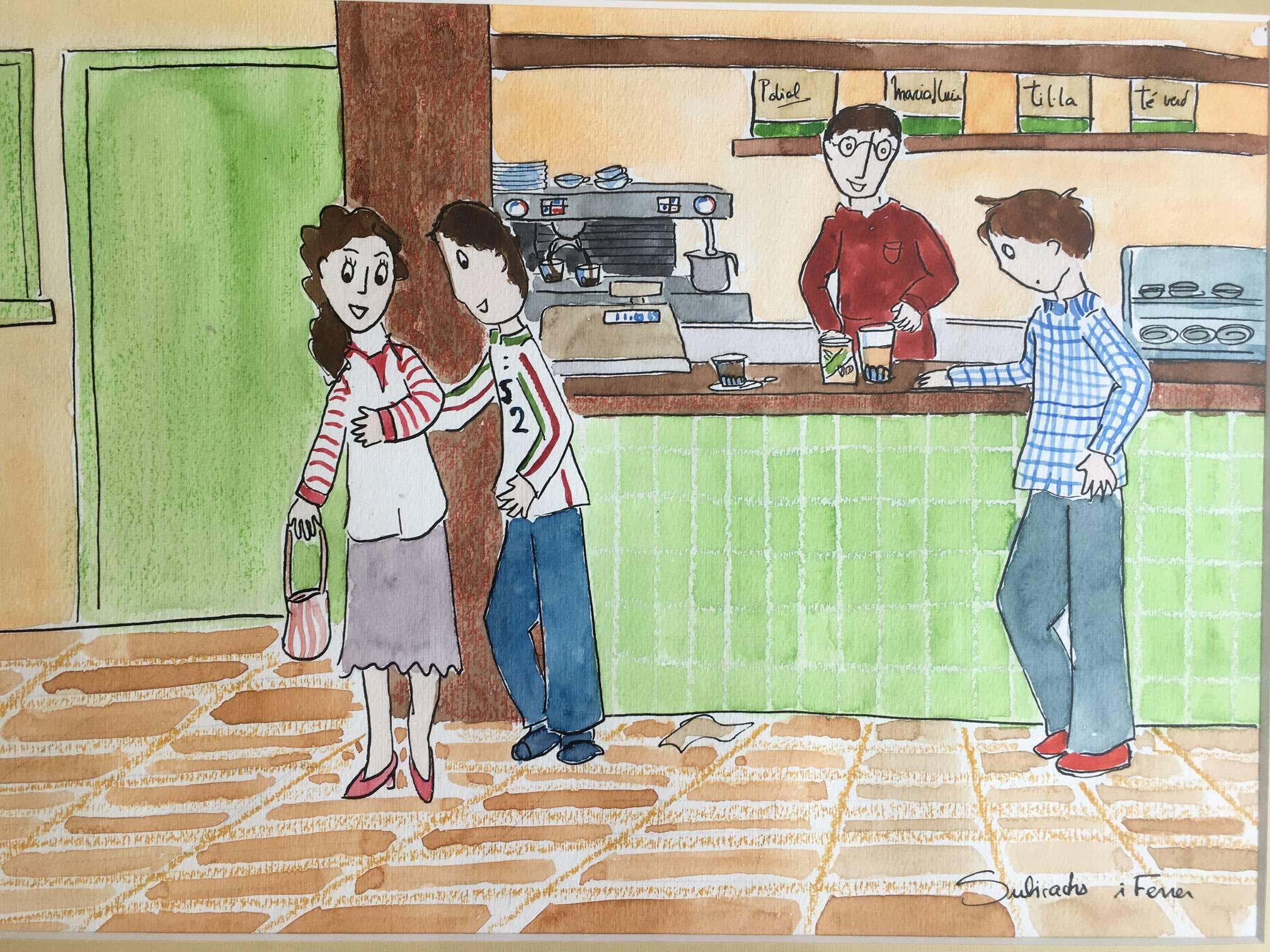 Maria Jose Subirachs Ferre Figurative Painting – Subirachs   Naif  Café  Original-Aquarellgemälde.