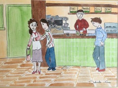 Subirachs   Naif  Café  peinture originale à l'aquarelle.