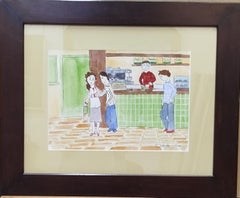 Subirachs Naif Café peinture originale à l'aquarelle.