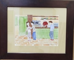 Subirachs   Naif  Café  original watercolor painting.
