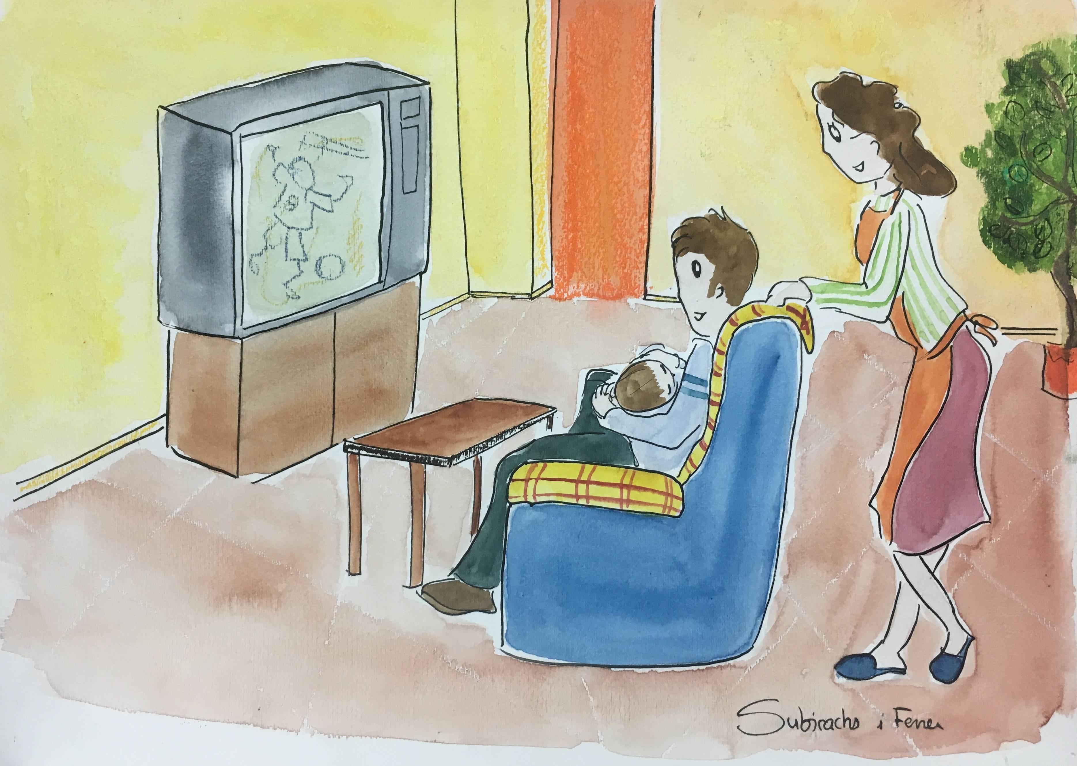 Subirachs  TV Couch  Family  original watercolor naif painting - Painting by Maria Jose Subirachs Ferre