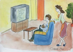 Subirachs  Canapé TV  Famille  Peinture à l'aquarelle naïve originale