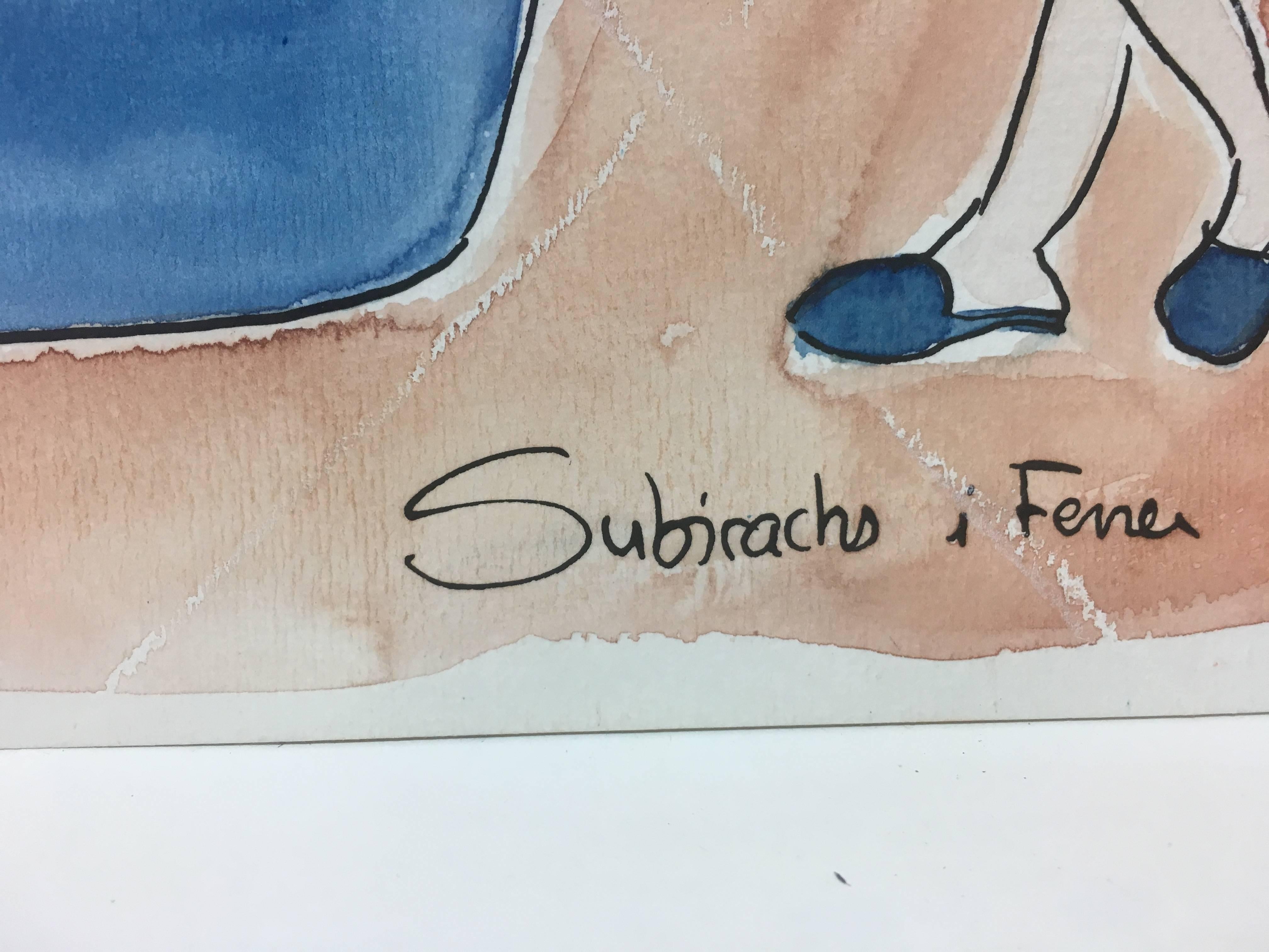 Subirachs  TV-Couch  Familie  Original Aquarell-Naif-Gemälde (Zeitgenössisch), Painting, von Maria Jose Subirachs Ferre