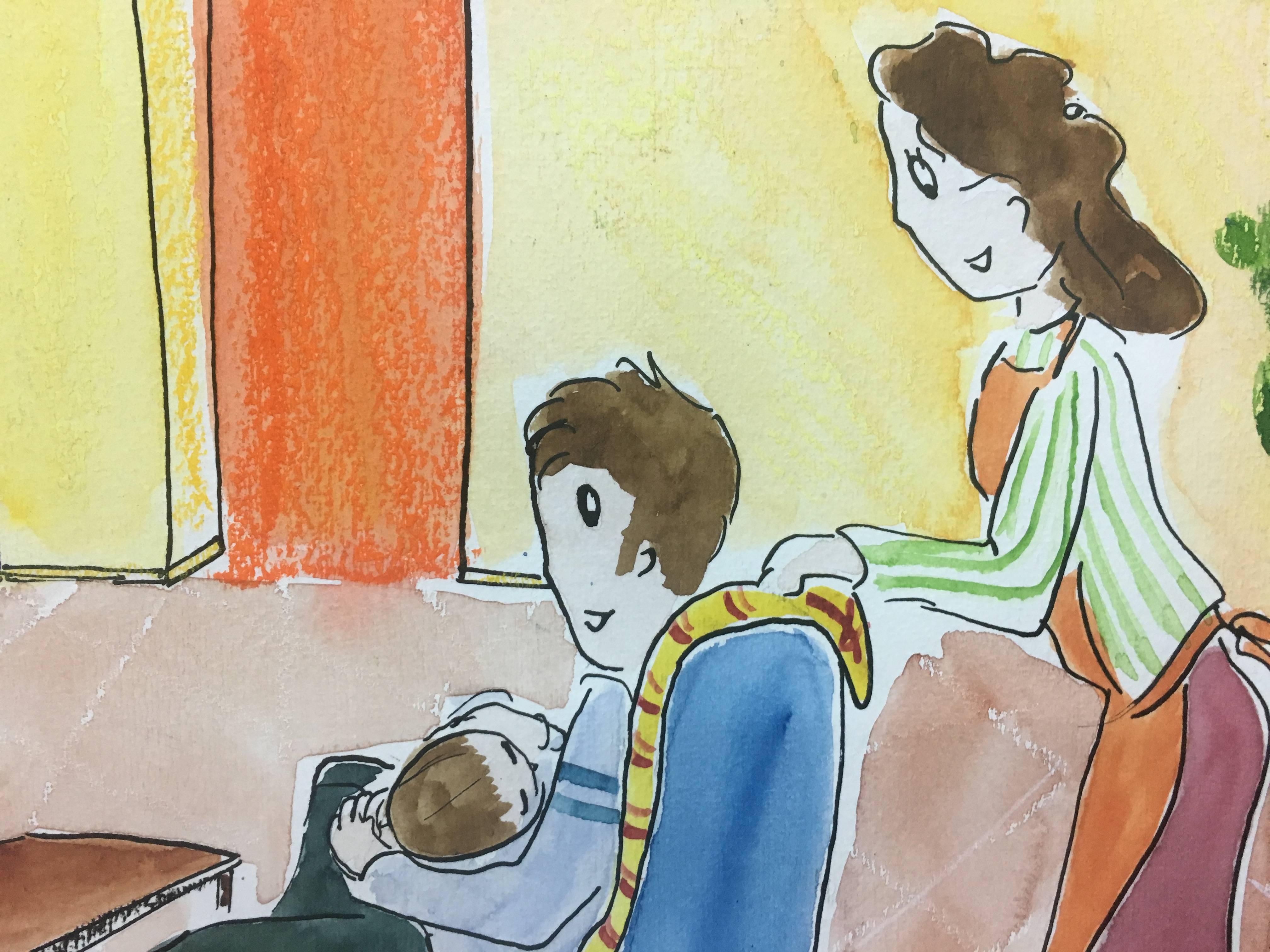 Subirachs  TV Couch  Family  original watercolor naif painting - Brown Figurative Painting by Maria Jose Subirachs Ferre