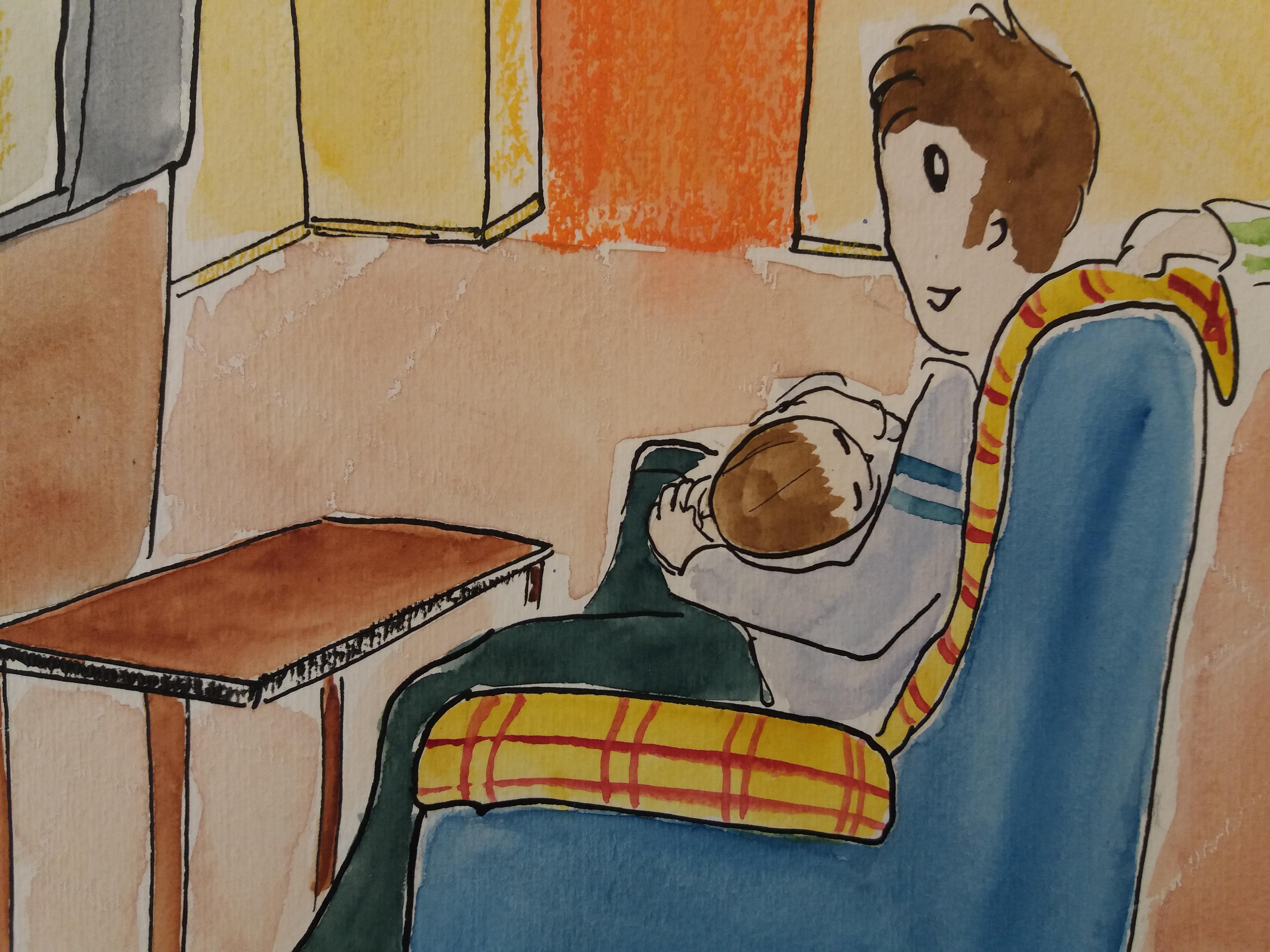 Subirachs  TV Couch  Family  original watercolor naif painting For Sale 1