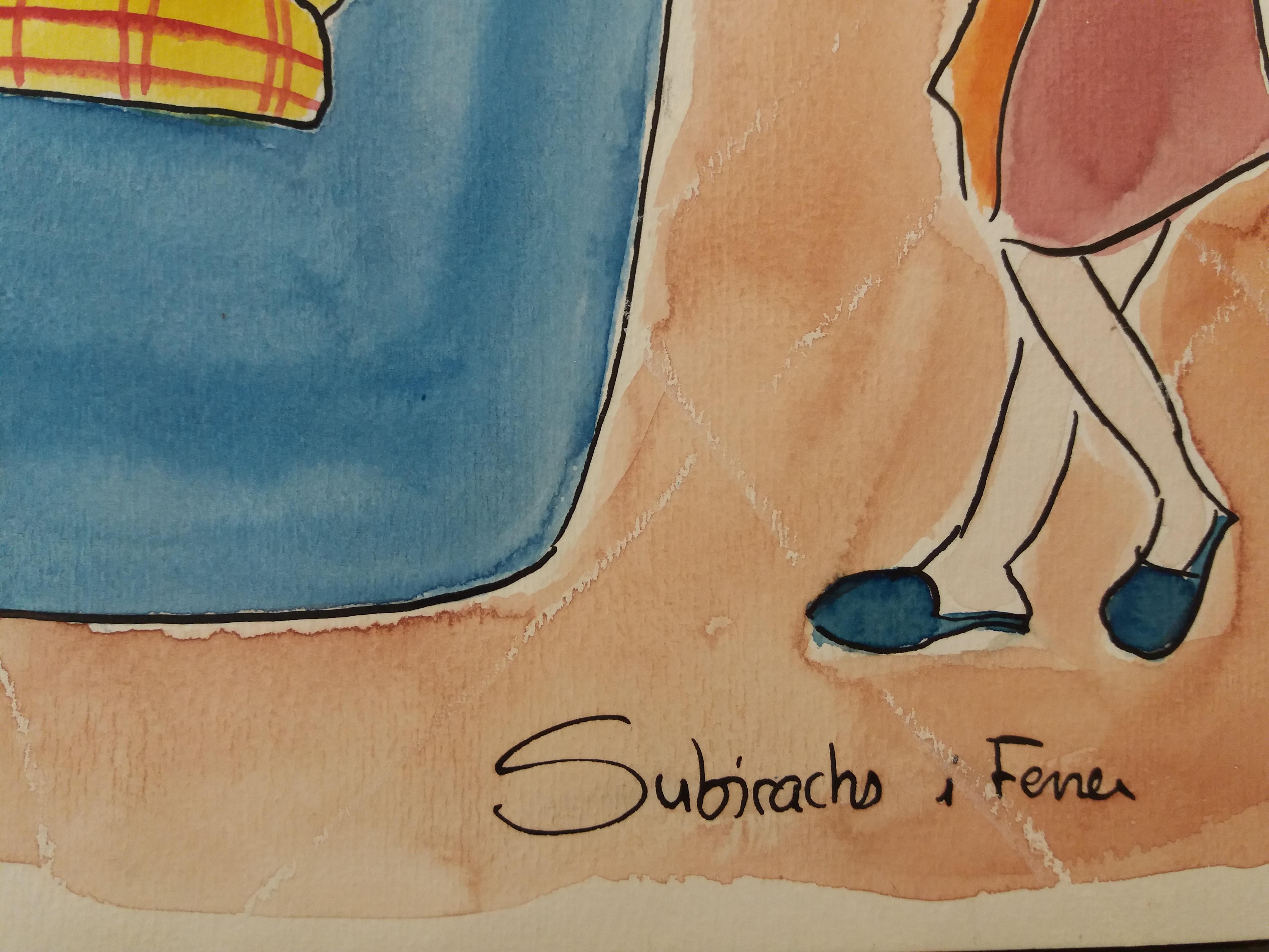 Subirachs  TV Couch  Family  original watercolor naif painting For Sale 2