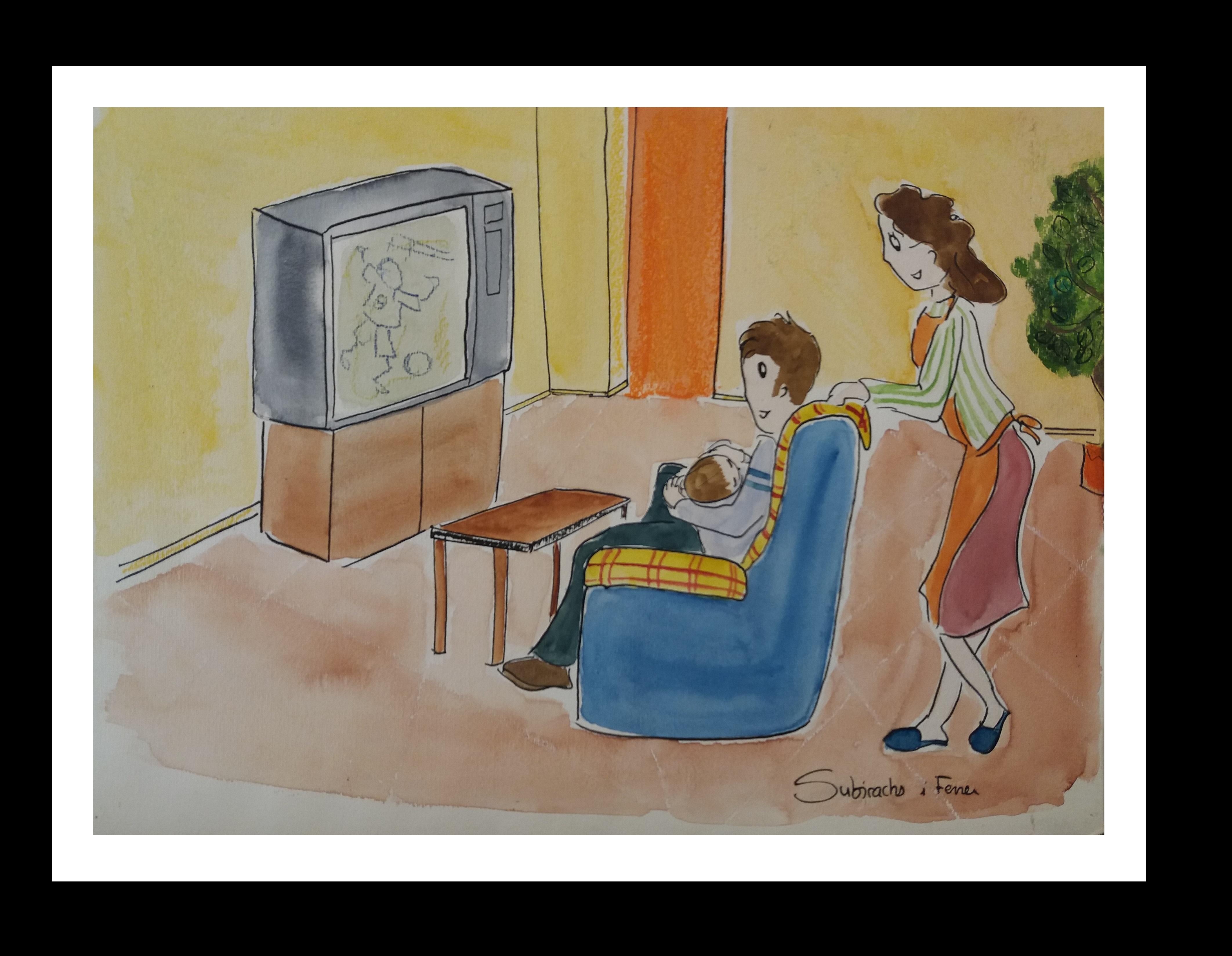 Maria Jose Subirachs Ferre Figurative Painting – Subirachs  TV-Couch  Familie  Original Aquarell-Naif-Gemälde
