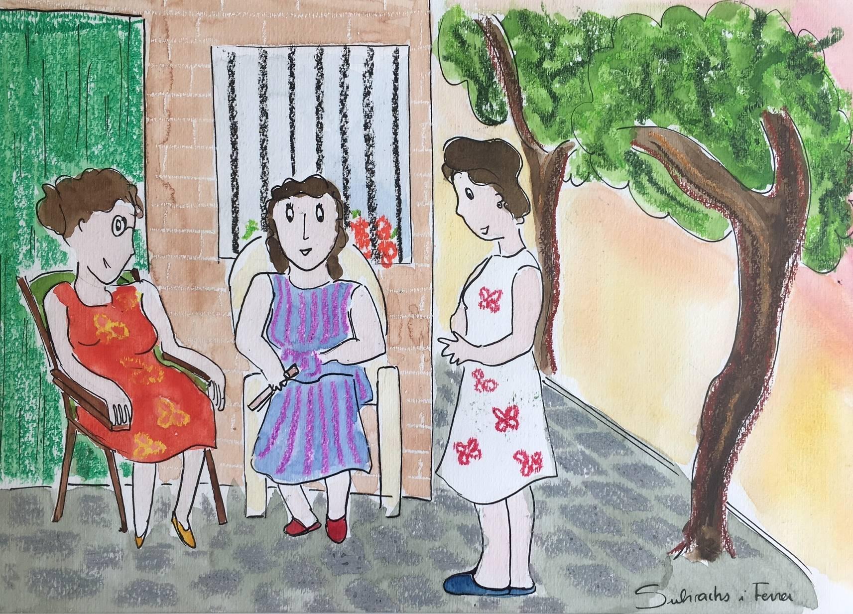 TALK IN THE PARK.original naif watercolor painting  - Painting by Maria Jose Subirachs Ferre
