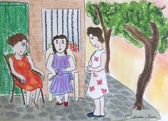 TALK IN THE PARK.original naif watercolor painting