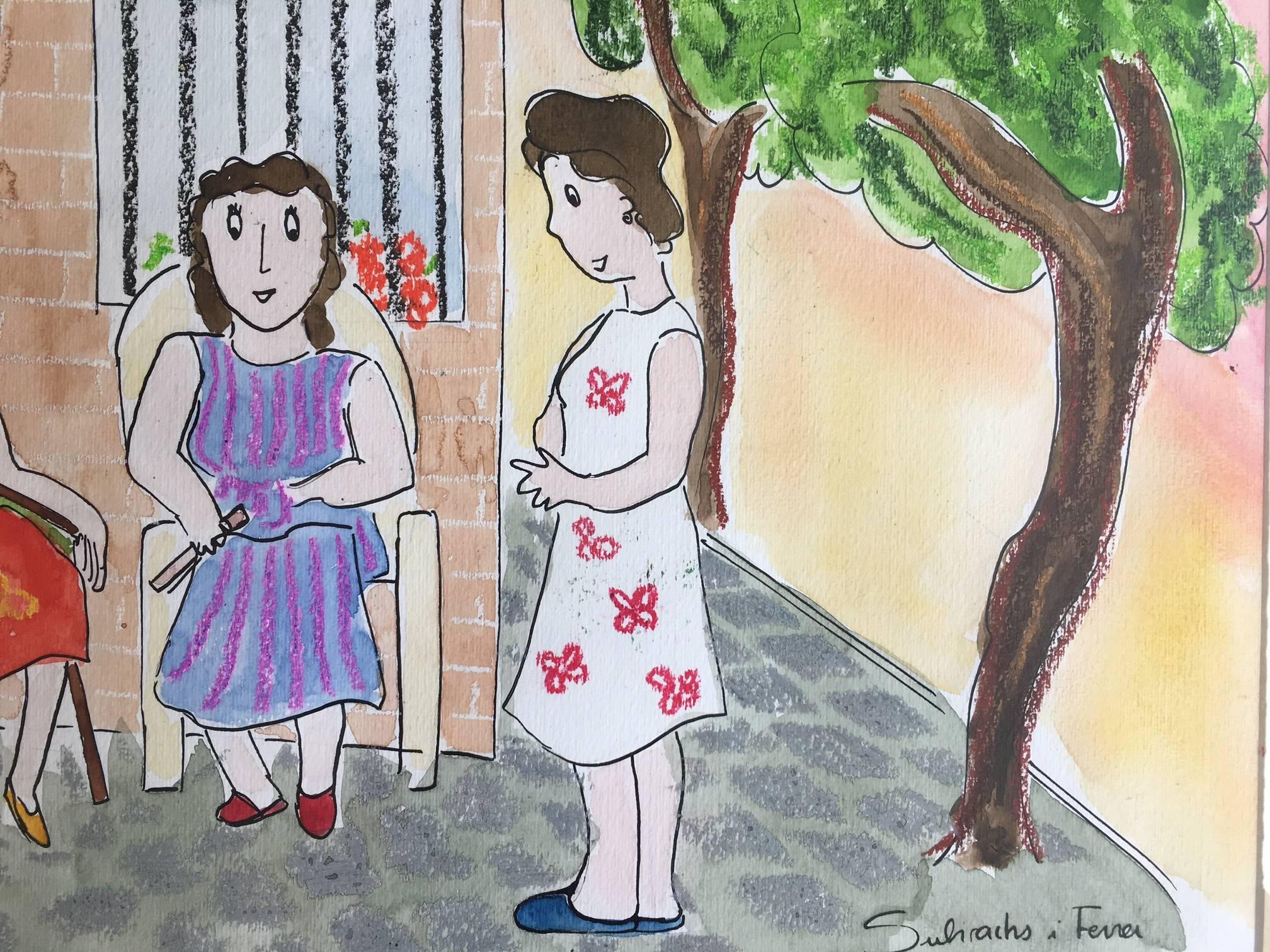 TALK IN THE PARK. Original naif Aquarellgemälde (Zeitgenössisch), Painting, von Maria Jose Subirachs Ferre