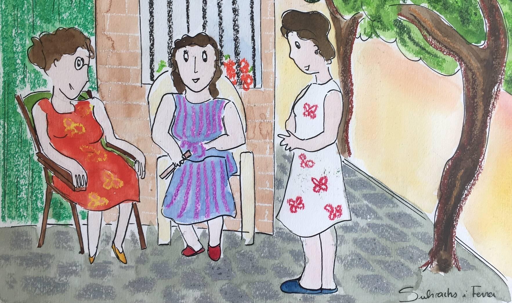 TALK IN THE PARK. Original naif Aquarellgemälde (Grau), Figurative Painting, von Maria Jose Subirachs Ferre