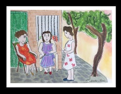 TALK IN THE PARK.original naif watercolor painting