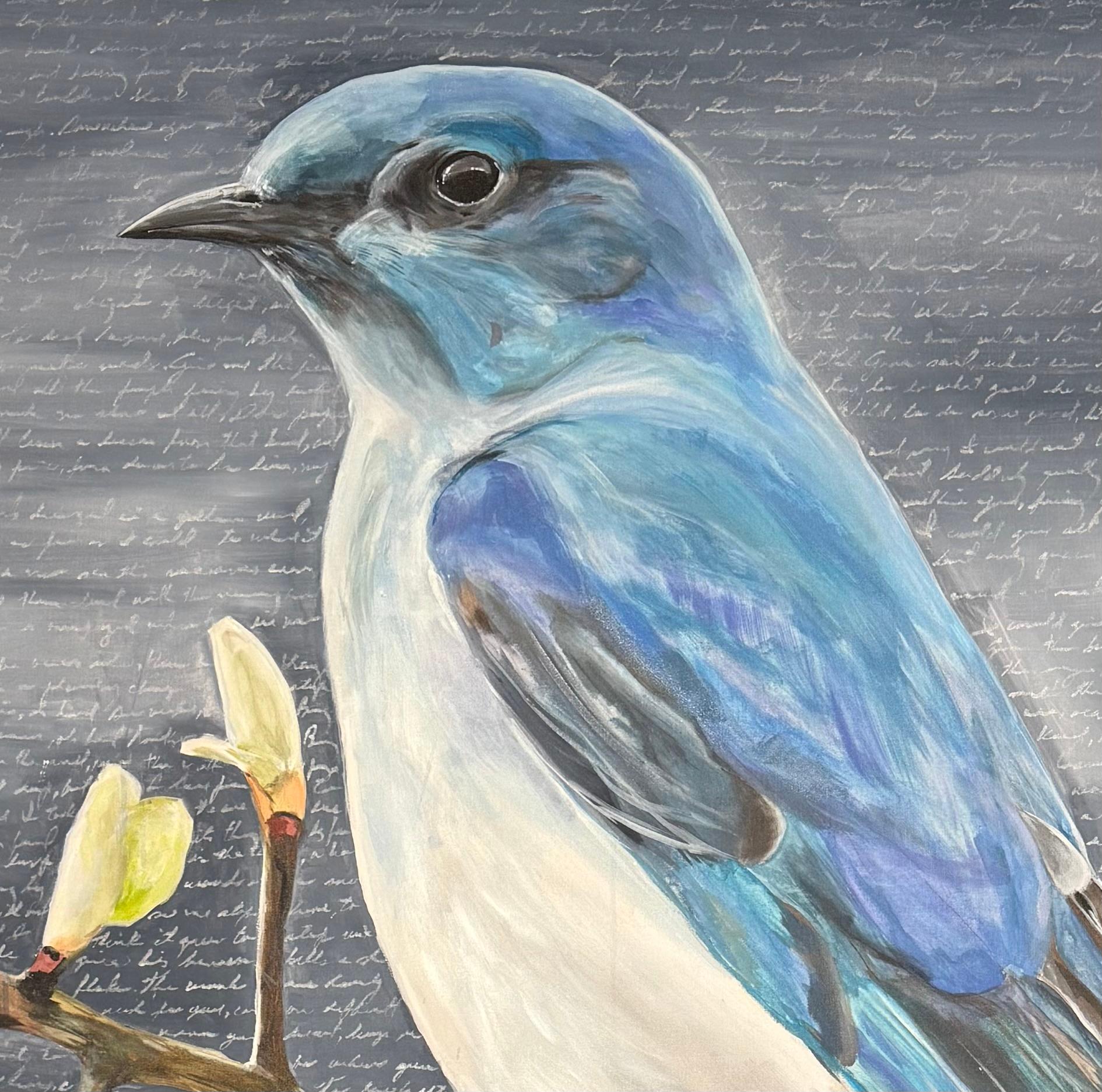 Blauer Vogel, Originalgemälde (Grau), Animal Painting, von Maria Karla Watson