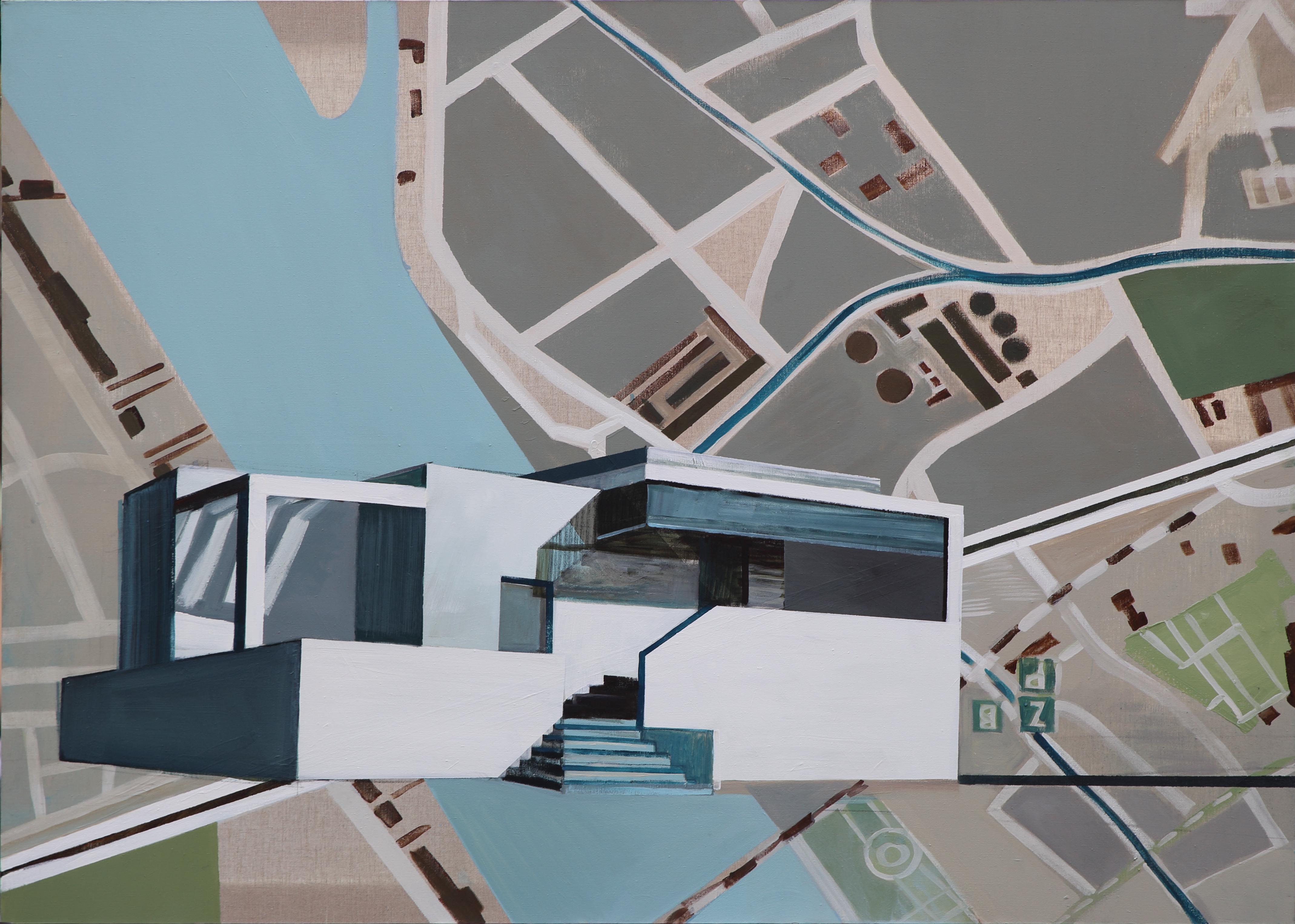 Figurative Painting Maria Kiesner - House on the City Map - Peinture architecturale moderne, peinture moderniste