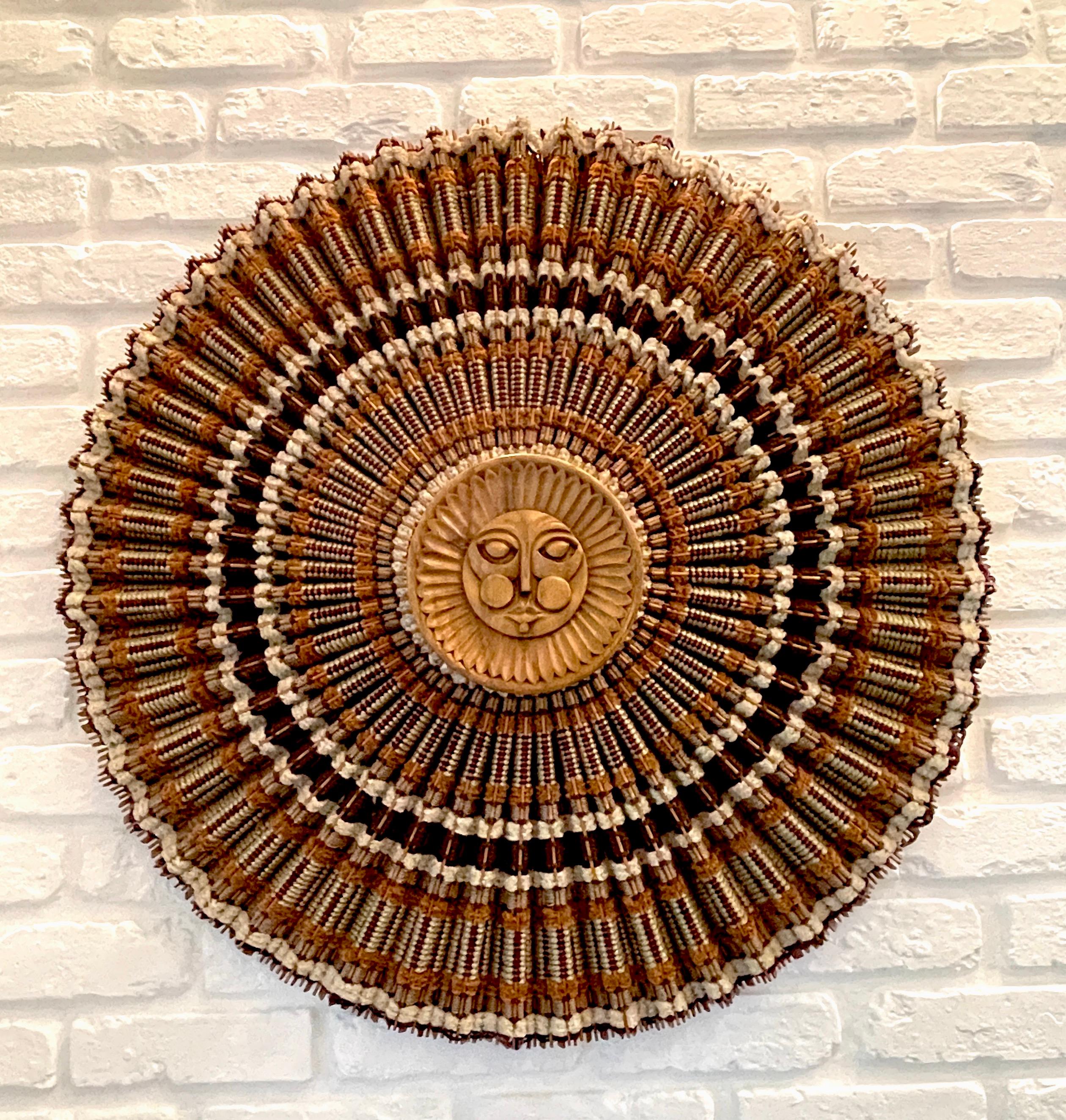 Hand-Carved Maria Kipp Woven Fiber Art and Carved Teak Sun Wall Hanging Sculpture USA, 1960s For Sale