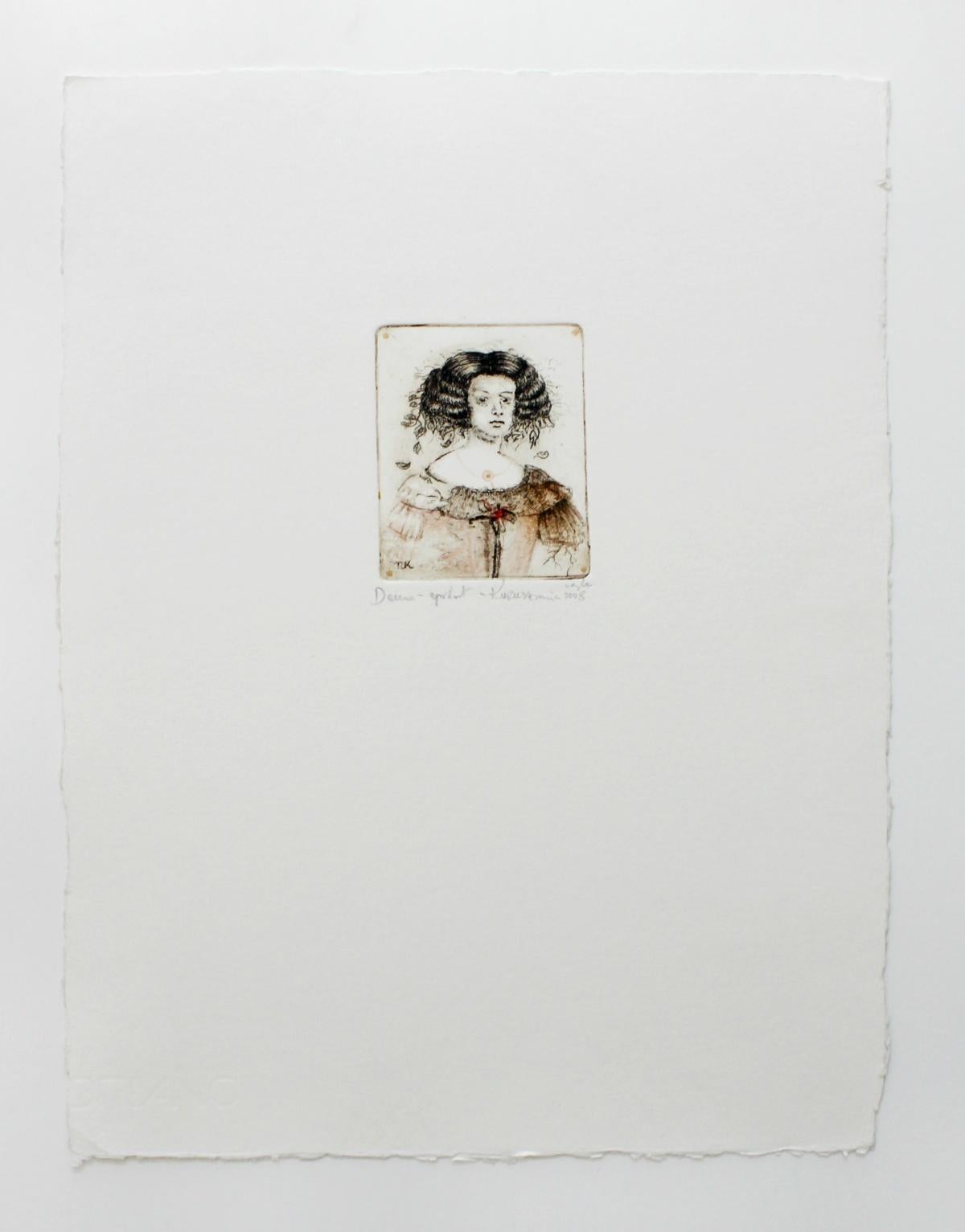 Dama - Arte contemporáneo, Grabado figurativo, Inspiración maestros antiguos - Figurative Print Beige de Maria Korusiewicz