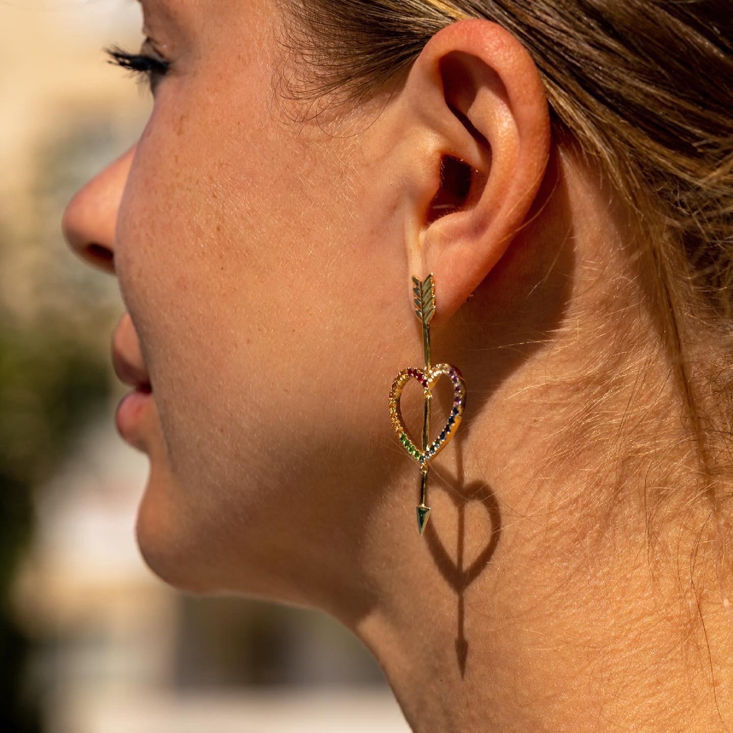 Contemporary Maria Kotsoni, 18K Yellow Gold Rainbow Gemstone Heart & Arrow Dangle Earrings For Sale