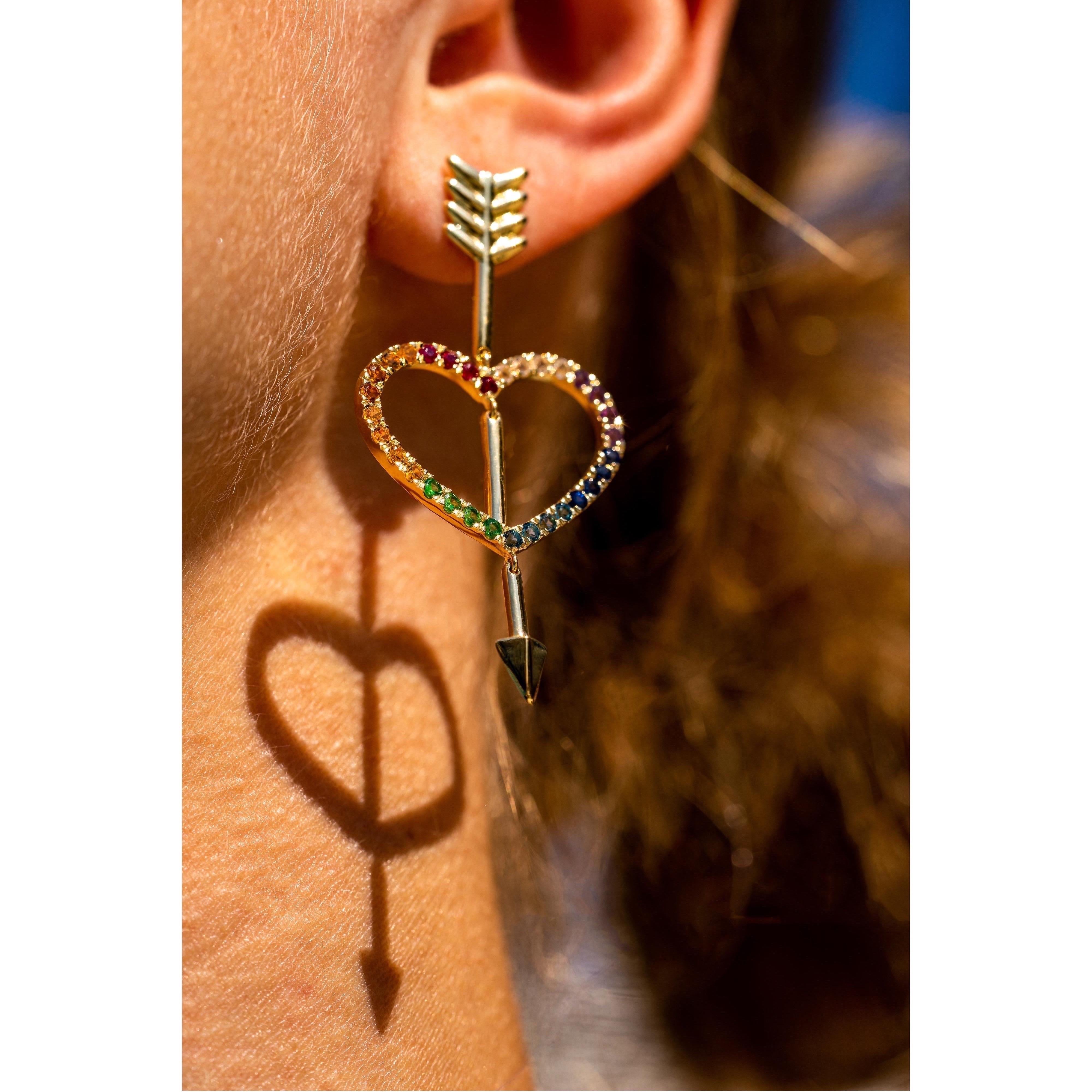 Maria Kotsoni, 18K Yellow Gold Rainbow Gemstone Heart & Arrow Dangle Earrings In New Condition For Sale In Nicosia, CY