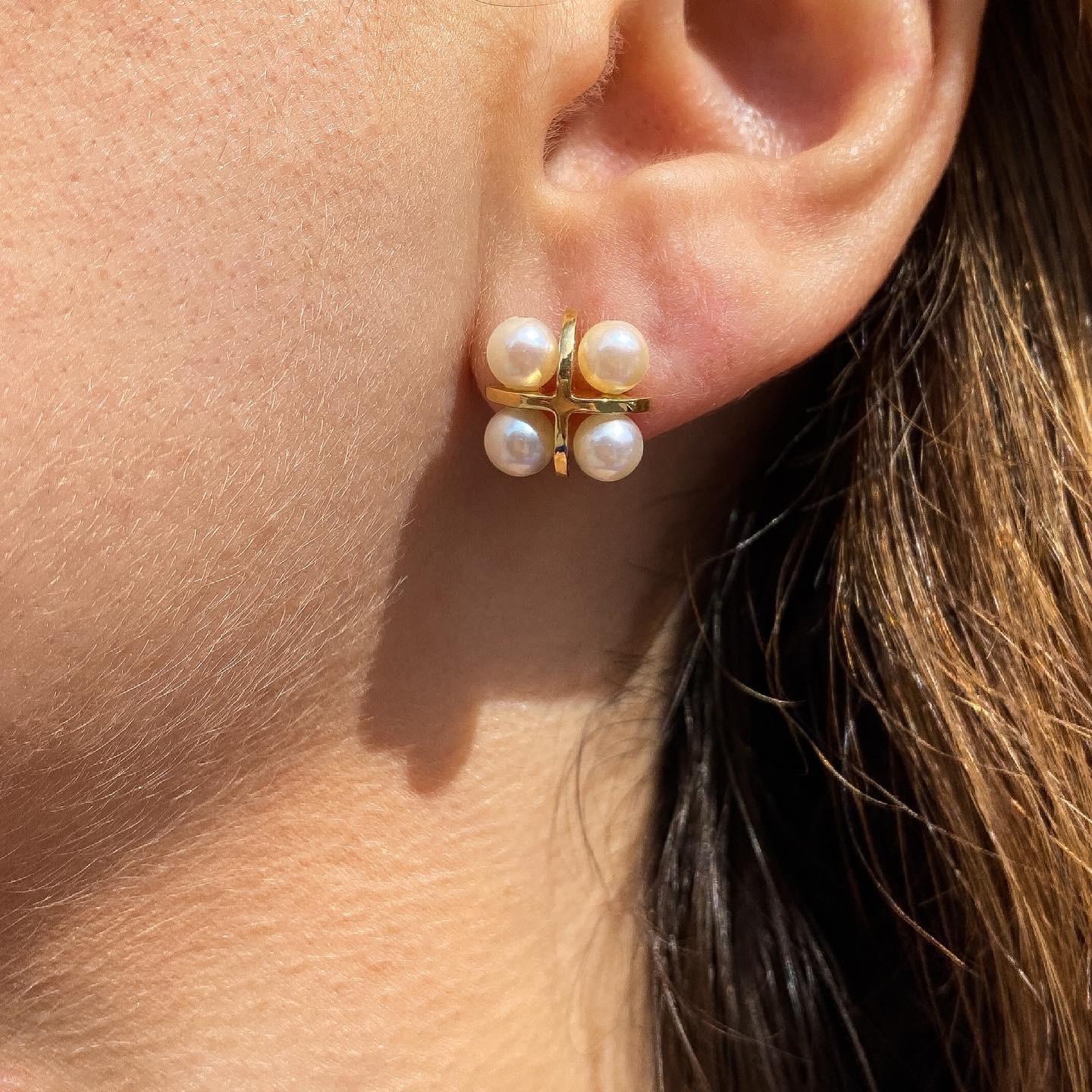 Maria Kotsoni Contemporary 18K Gold & Akoya Pearl Long Ear Jackets Stud Earrings In New Condition For Sale In Nicosia, CY