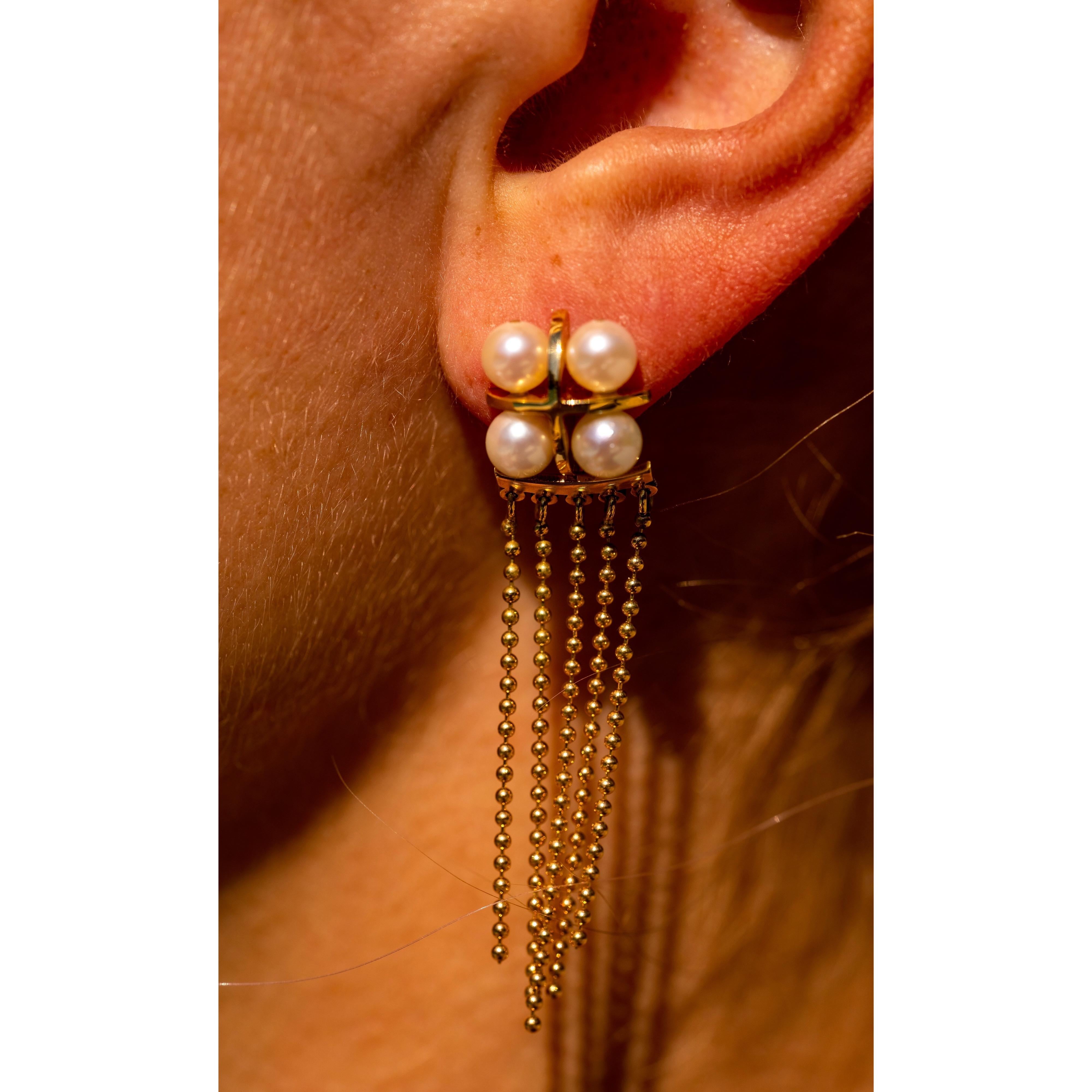 Maria Kotsoni Contemporary 18K Gold & Akoya Pearl Long Ear Jackets Stud Earrings For Sale 2