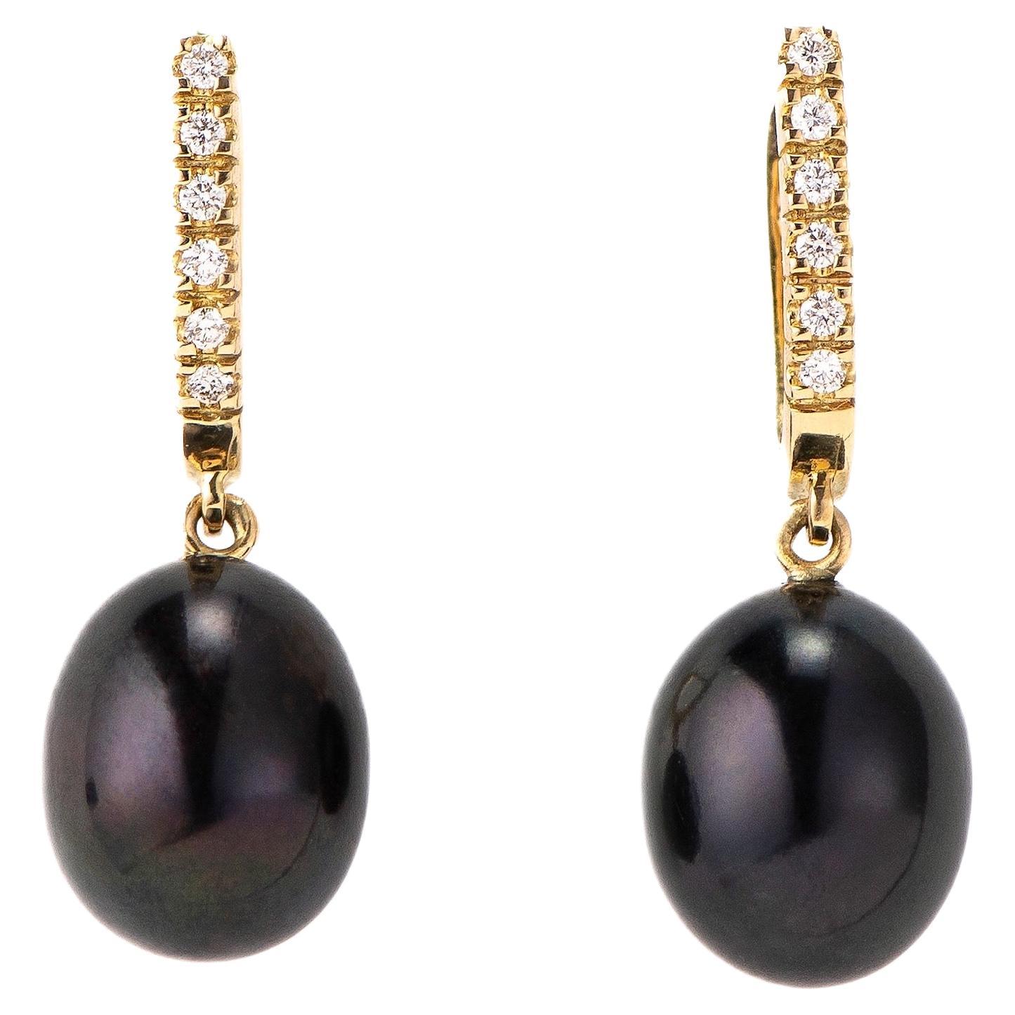 Maria Kotsoni Contemporary 18k Gold Black Pearl Lever Back Diamond Ear Pendants For Sale