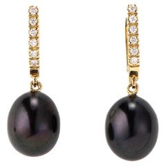 Maria Kotsoni Contemporary 18k Gold Black Pearl Lever Back Diamond Ear Pendants