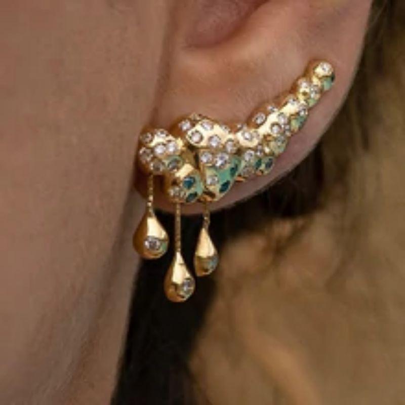 The Rainy cloud, ear climbers are crafted in 18K yellow gold hallmarked in Cyprus. These stunning, dreamy ear pieces, come in a highly polished finish and feature 0.97 cts of VS white, 0.24 cts of Blue and 0.33 cts of Steel gray Diamonds. They are