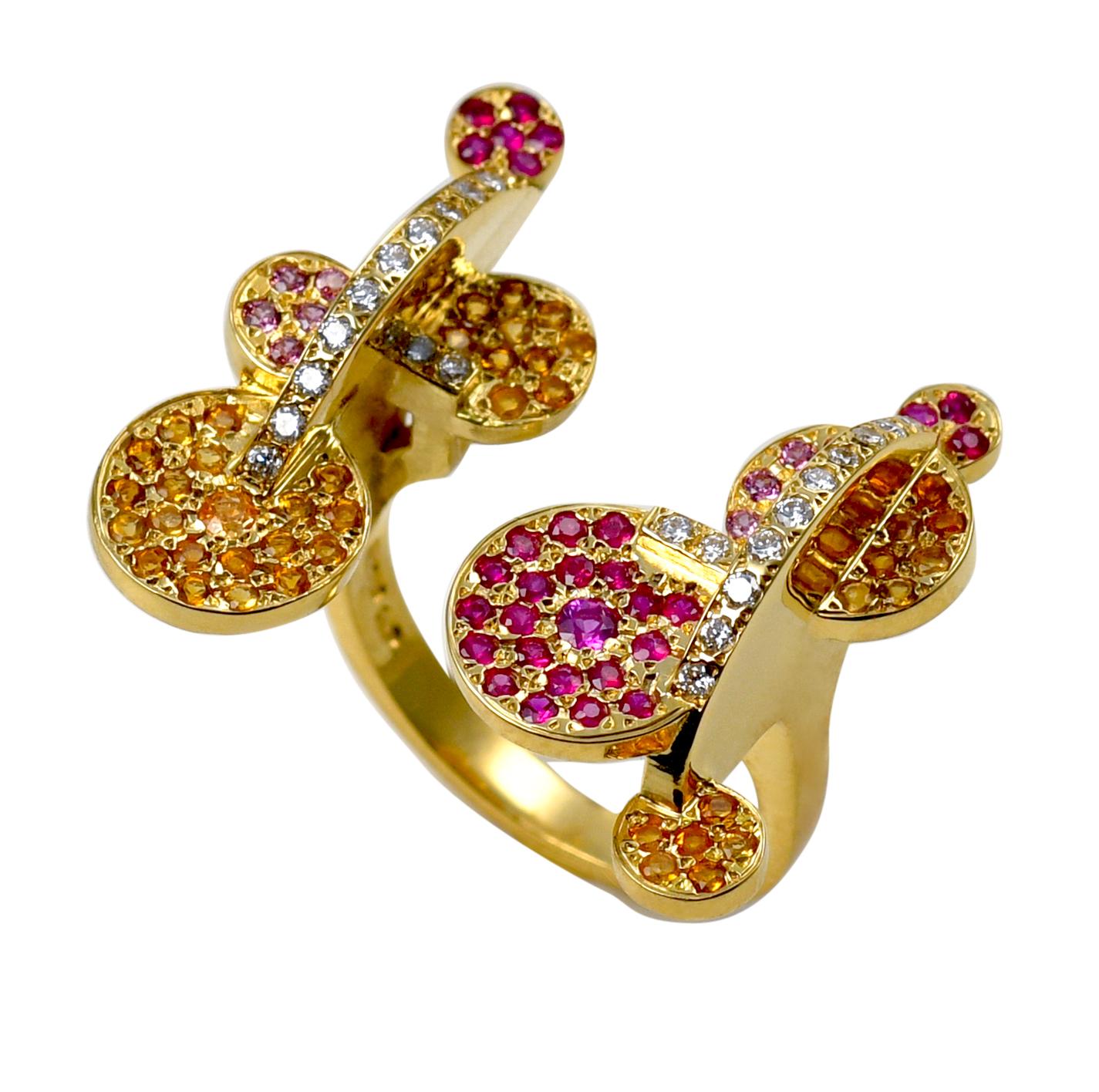 Maria Kotsoni, Zeitgenössischer skulpturaler Ring aus 18k Gold mit farbigen Edelsteinen und Diamanten im Angebot