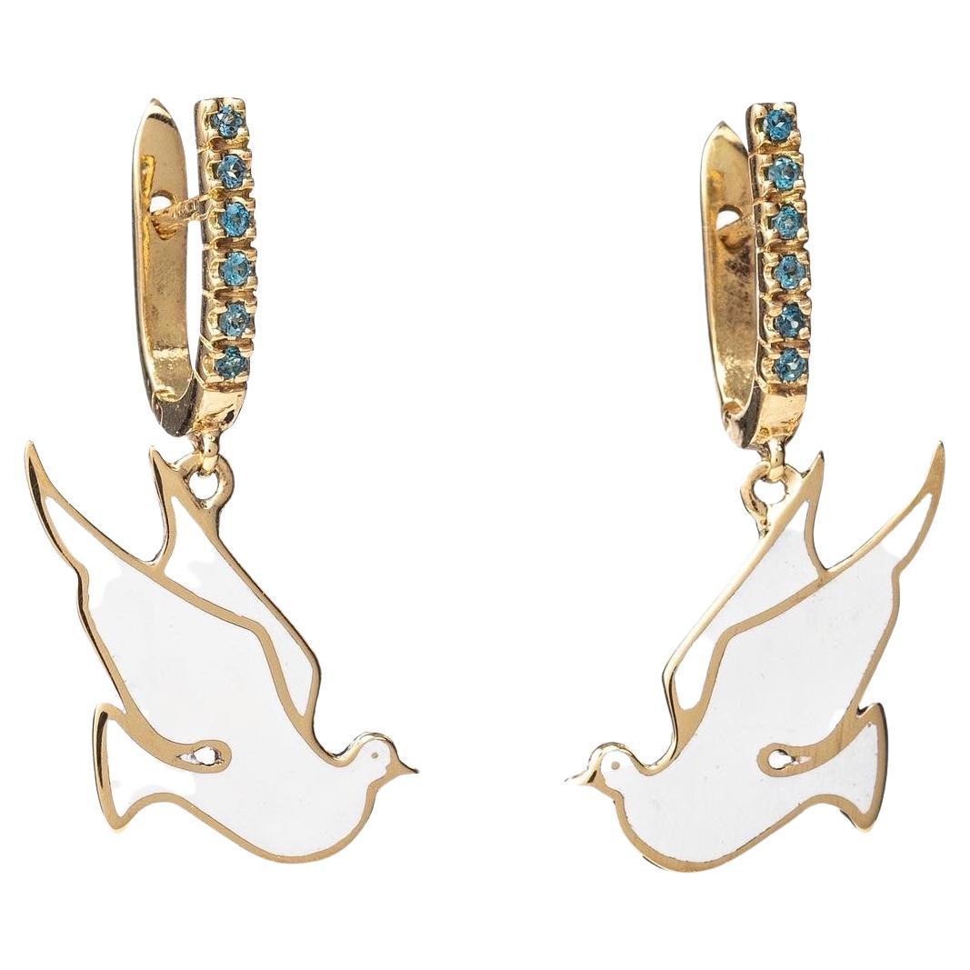 Maria Kotsoni Contemporary 18k Gold Flying Dove Blue Diamond Enamel Drop Earings For Sale