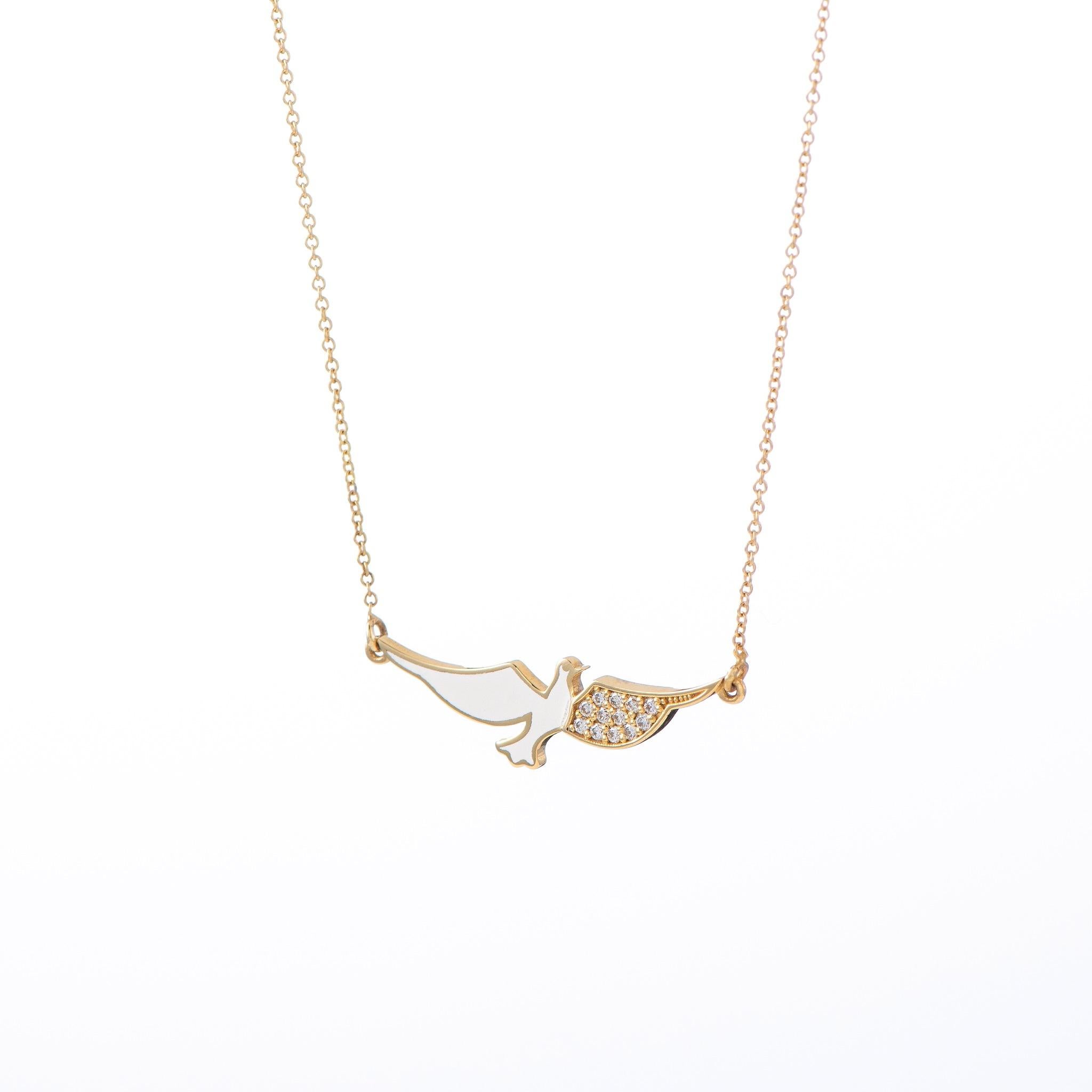 Brilliant Cut Maria Kotsoni Contemporary 18k Gold Flying Dove Enamel Diamond Pendant Necklace For Sale