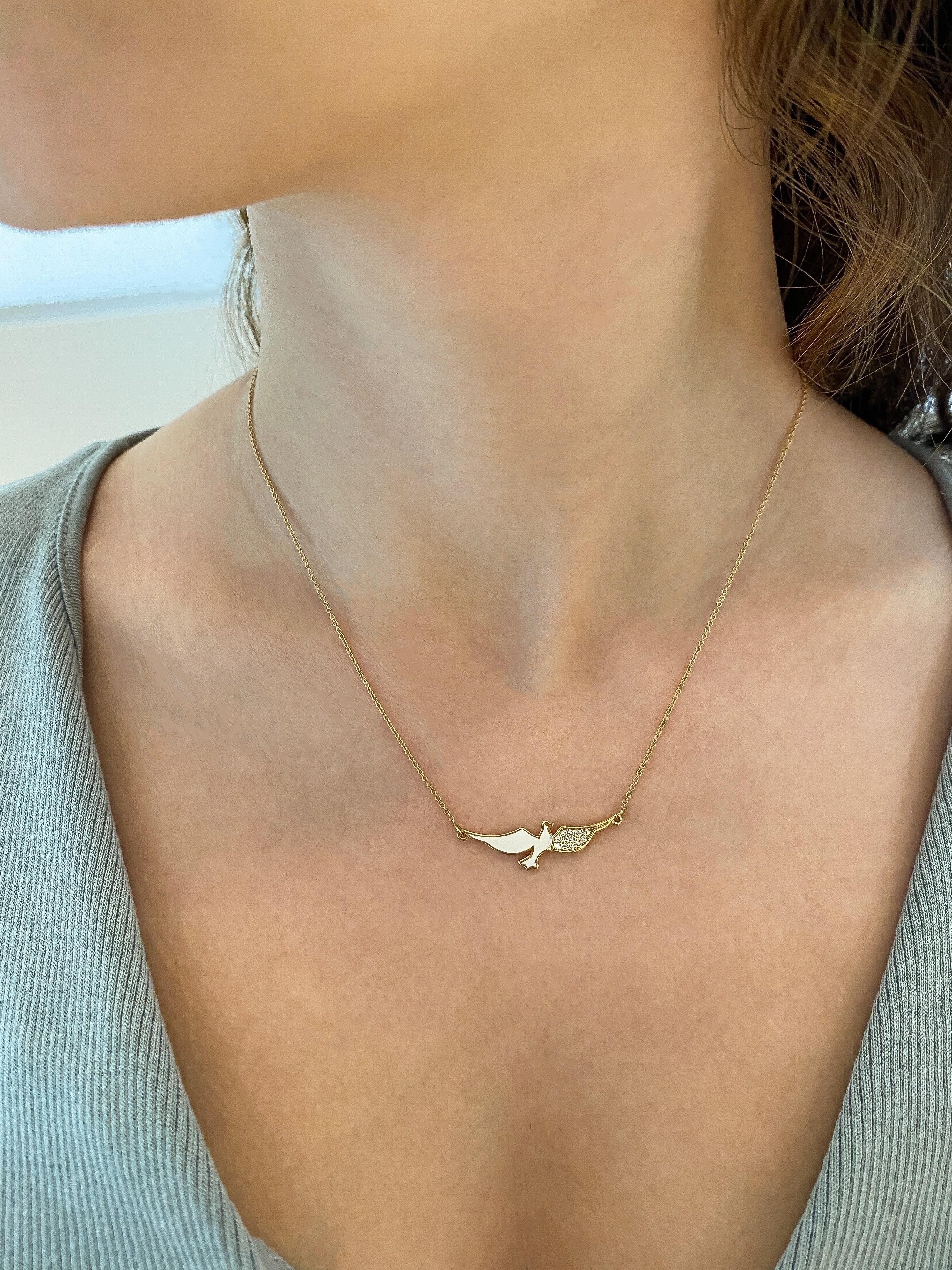 Maria Kotsoni Contemporary 18k Gold Flying Dove Enamel Diamond Pendant Necklace In New Condition For Sale In Nicosia, CY