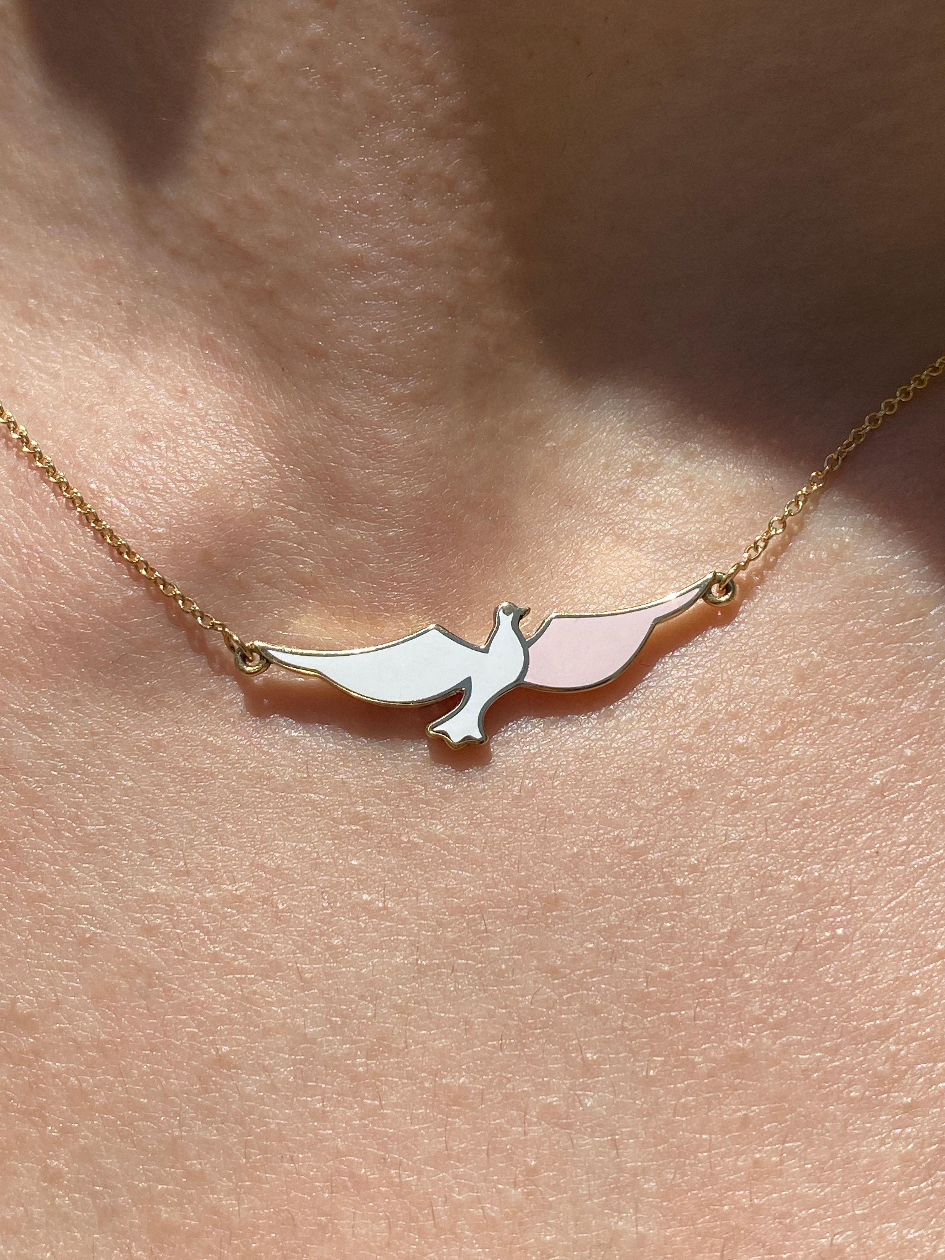 Women's or Men's Maria Kotsoni Contemporary 18k Gold Flying Dove White Enamel Pendant Necklace For Sale