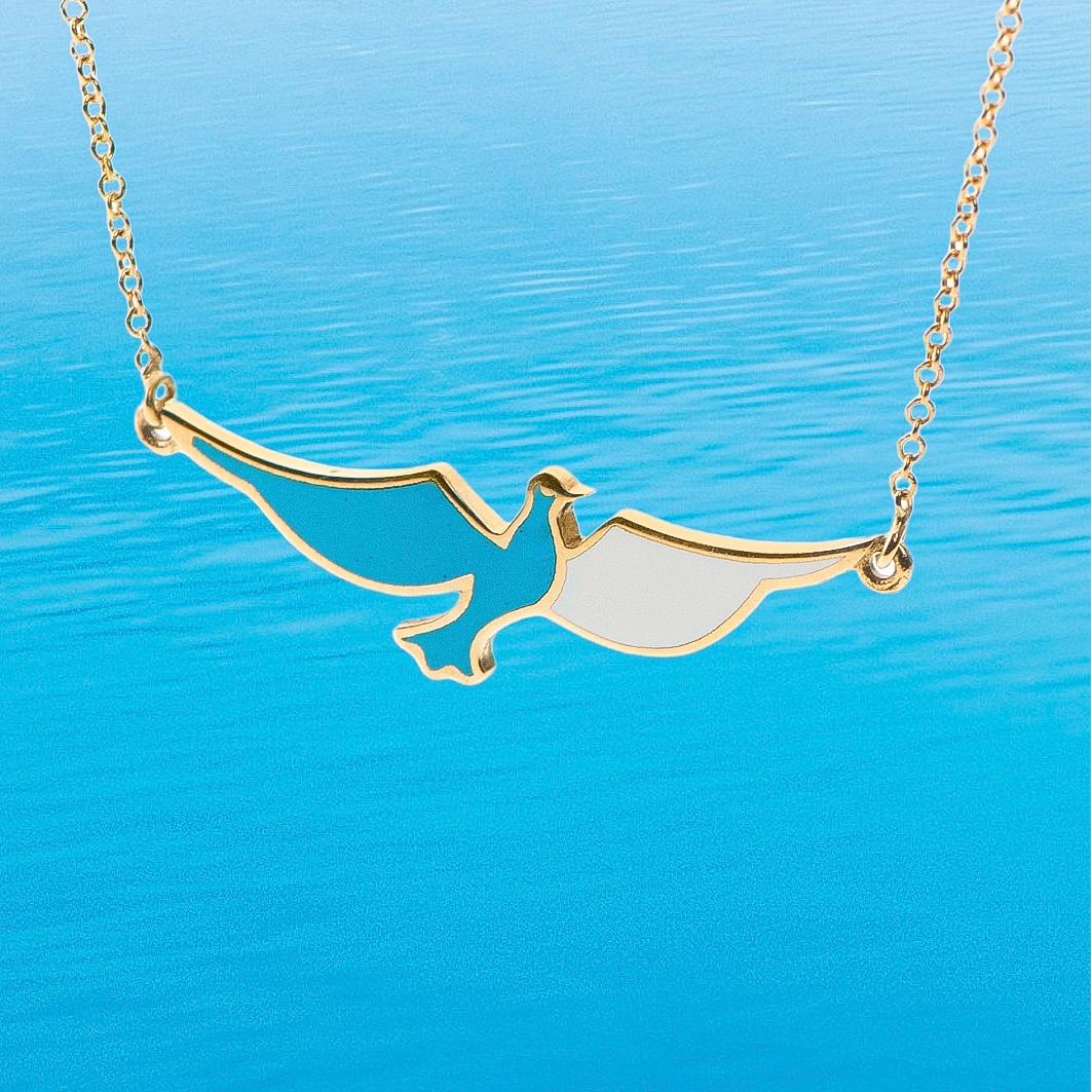 Maria Kotsoni Contemporary 18k Gold Flying Dove White Enamel Pendant Necklace For Sale 2