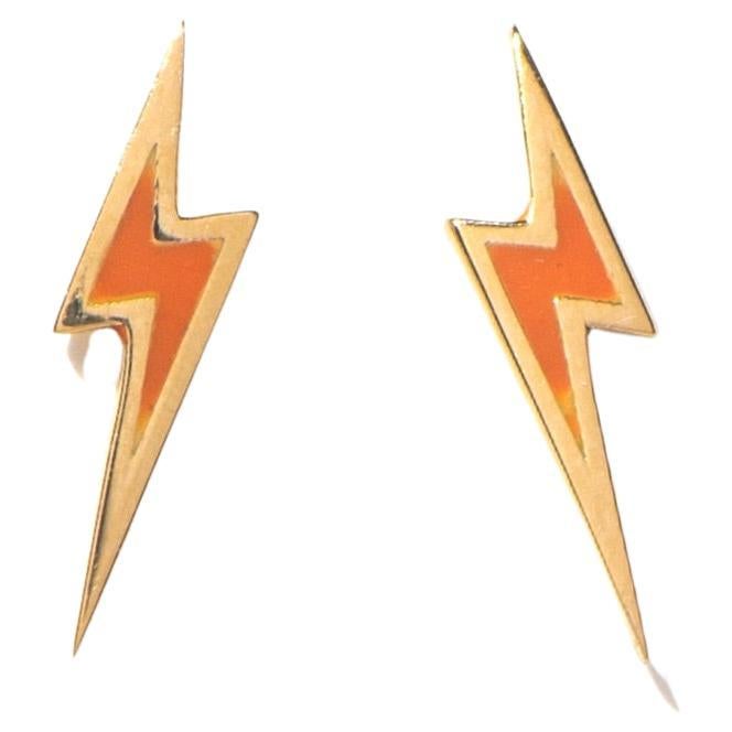 Maria Kotsoni Contemporary 18k Gold Lightning Bolt Orange Blue Enamel Ear Studs For Sale