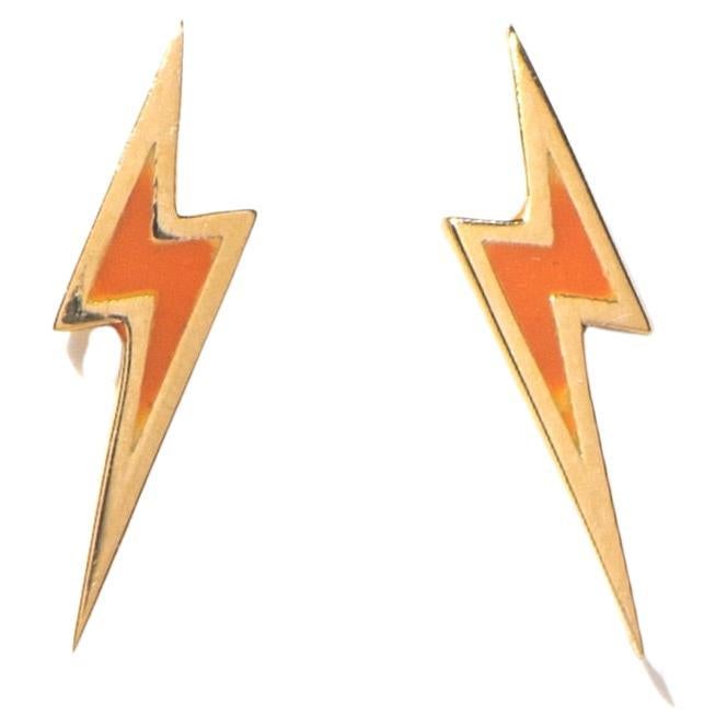 Maria Kotsoni Contemporary 18k Gold Lightning Bolt Orange Blue Enamel Ear Studs