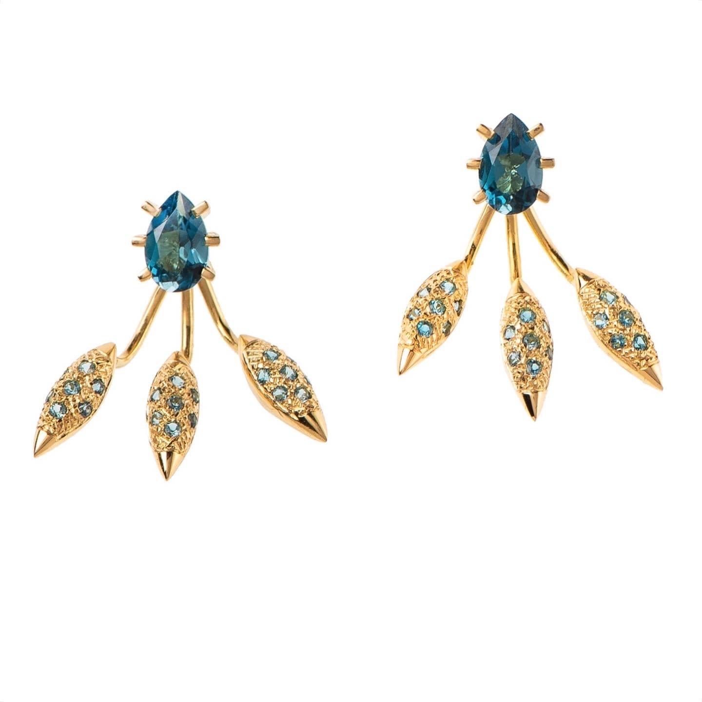 Maria Kotsoni, Contemporary 18K Gold & London Blue Topaz Ear Jackets / Studs For Sale