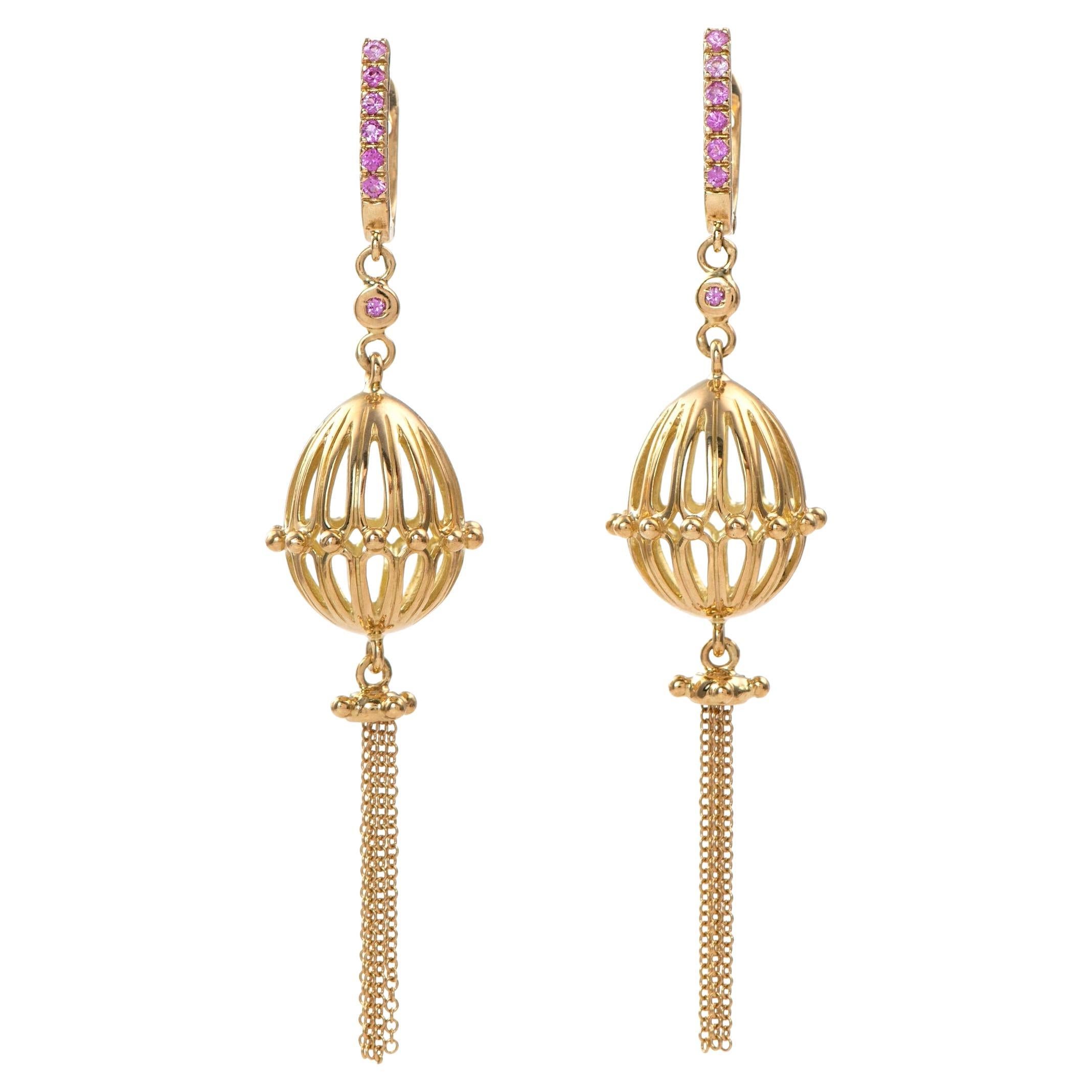 Contemporary 18k Gold Pink Sapphires Long Tassels Egg Ear Pendants For Sale