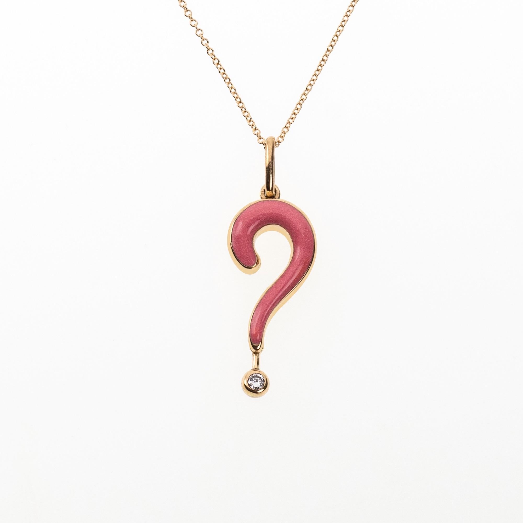 The Question mark, pendant necklace is crafted in 18K gold hallmarked in Cyprus. This striking  pendant necklace, comes in a highly polished finish and features enamel and a 0.06 Cts White Diamond. The pendant can be purchased separately or with a