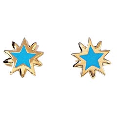 Maria Kotsoni, clous d'oreilles contemporains en or 18 carats, émail orange, bleu et étoile brillante 