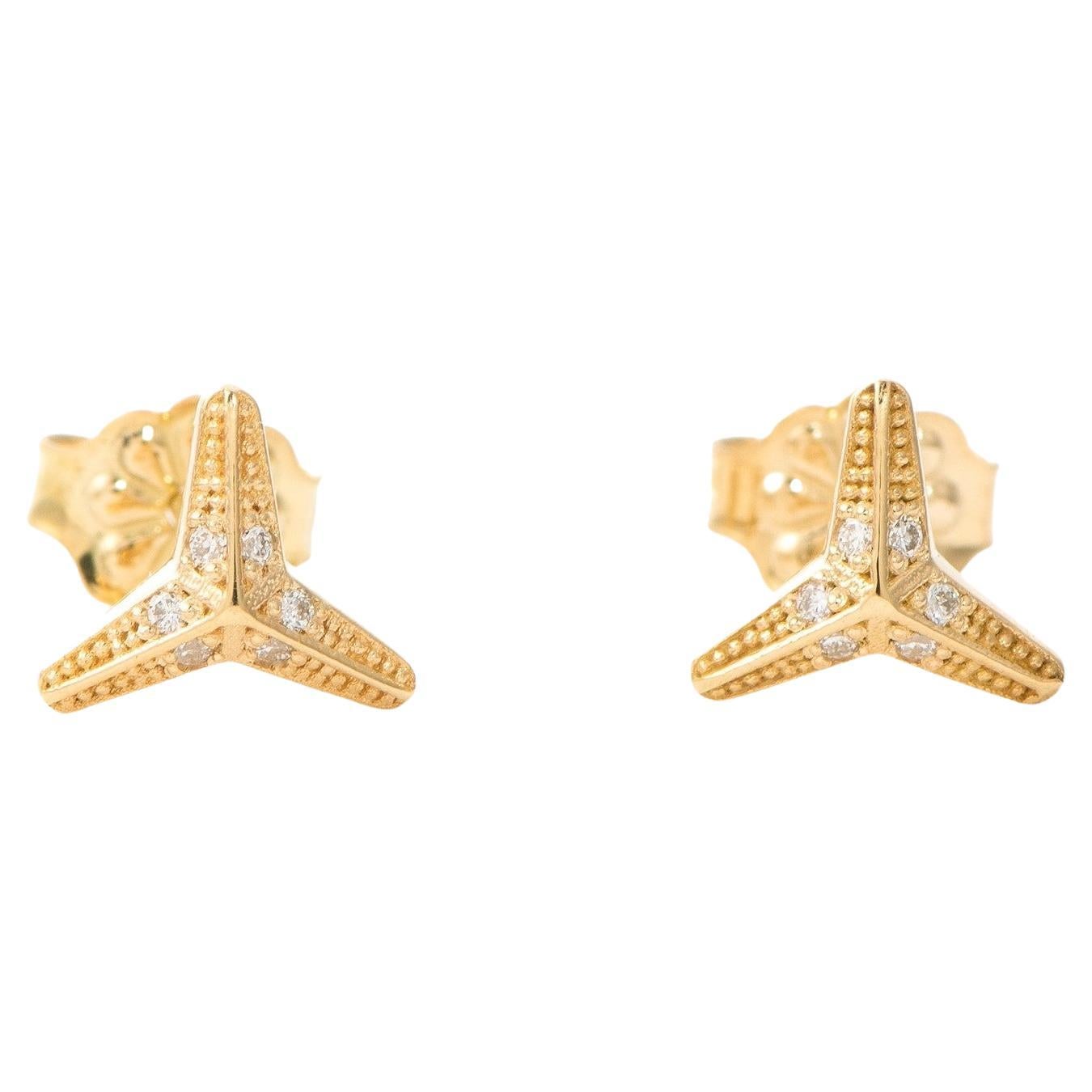 Maria Kotsoni Contemporary 18k Gold Three Pointed Star White Diamond Ear Studs For Sale