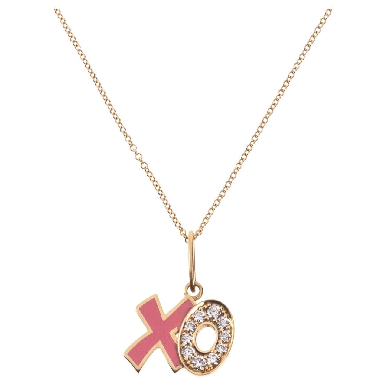 Maria Kotsoni Contemporary 18k Gold XO Pink Enamel Diamond Pendant Necklace For Sale