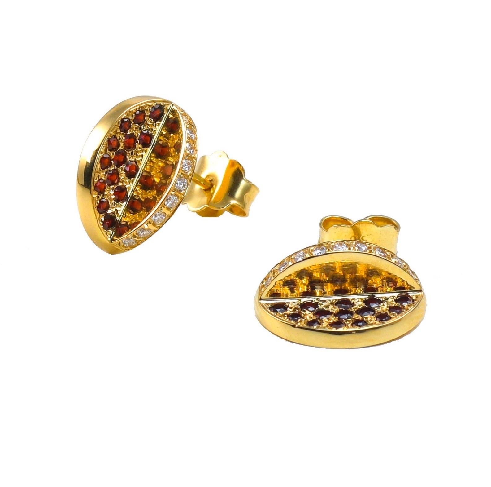 Maria Kotsoni Contemporary 18k Yellow Gold Diamond & Garnet Stud Earrings In New Condition For Sale In Nicosia, CY