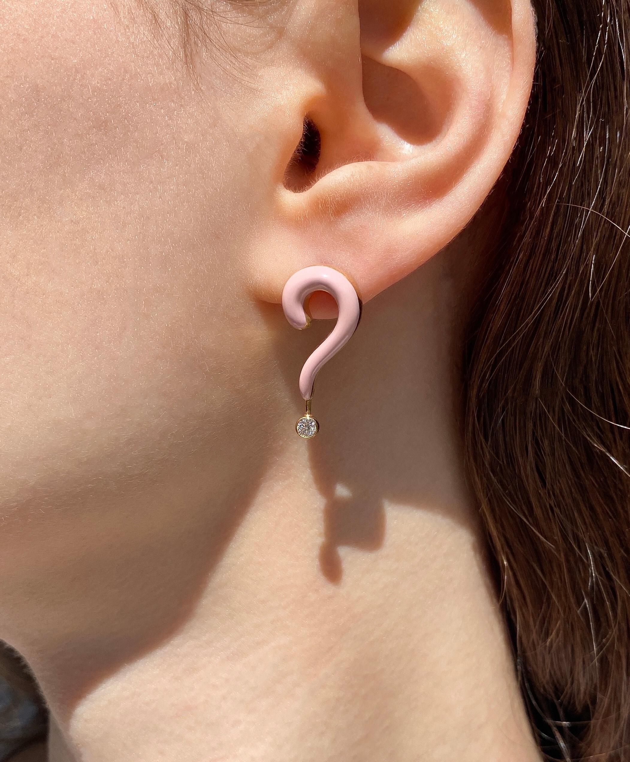 Round Cut Maria Kotsoni Contemporary 18kGold Diamond Pink Enamel QuestionMark Ear Pendants For Sale
