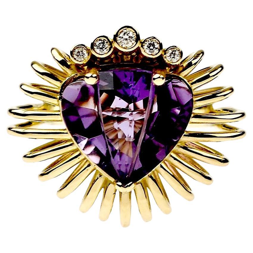 Maria Kotsoni Contemporary 18k Yellow Gold Pulsating Heart Amethyst Diamond Ring For Sale